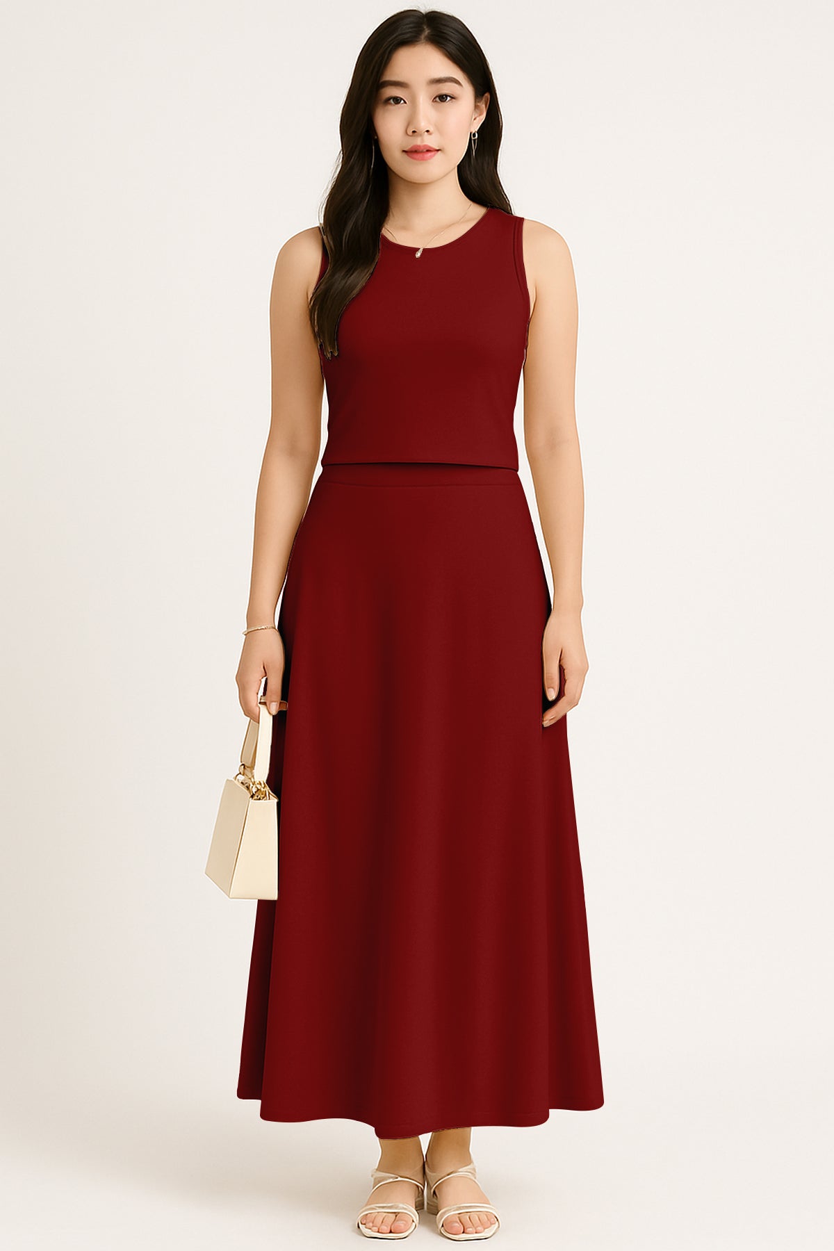 Women's 2 Pcs Sleeveless Crop Top and High Waisted Flared Maxi Skirt