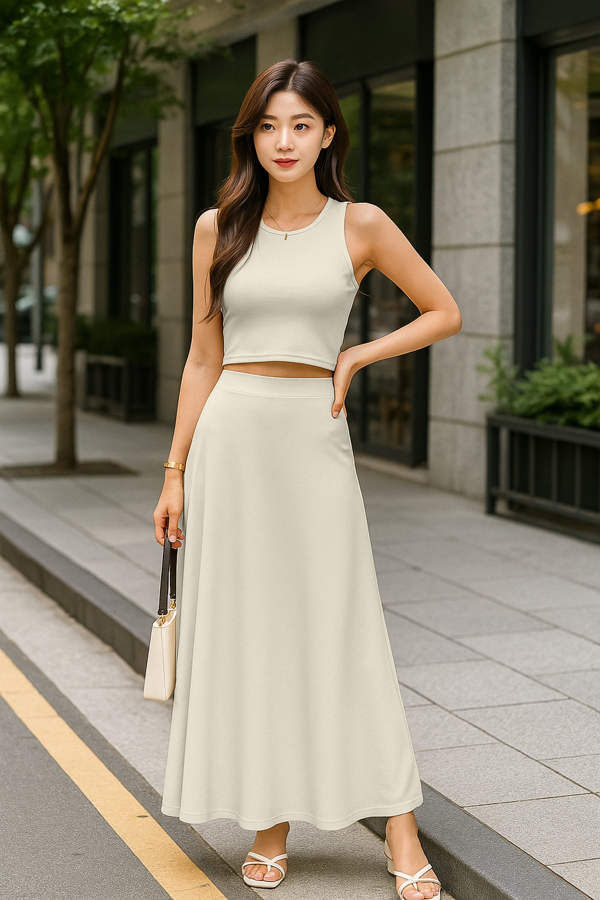 Women's 2 Pcs Sleeveless Crop Top and High Waisted Flared Maxi Skirt