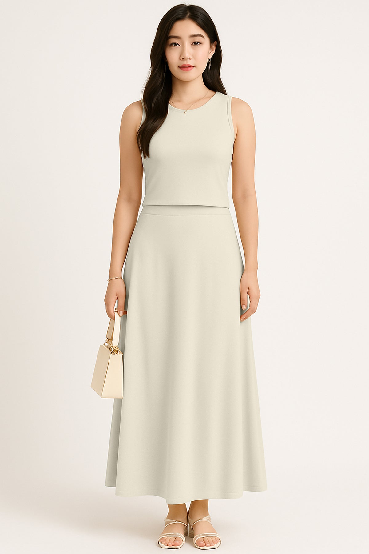 Women's 2 Pcs Sleeveless Crop Top and High Waisted Flared Maxi Skirt