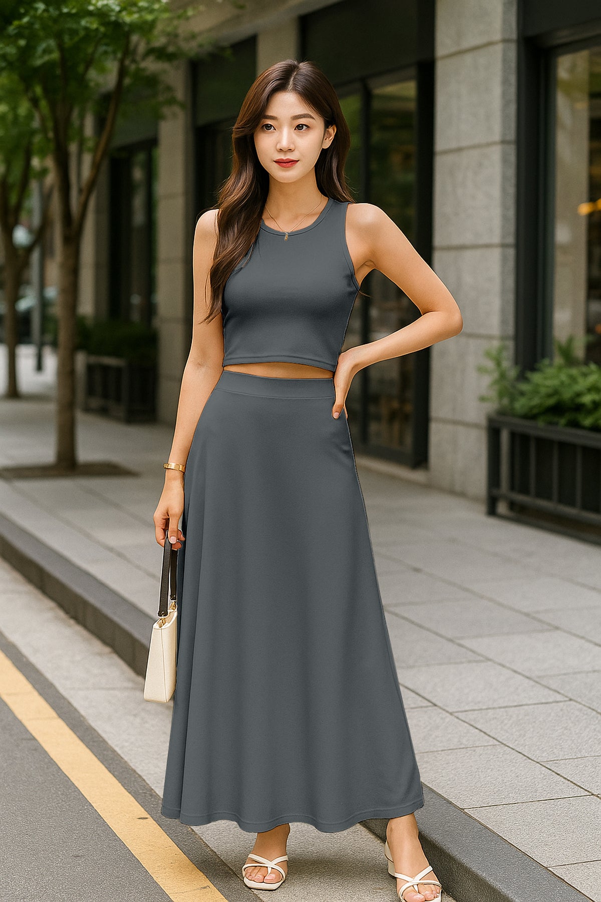 Women's 2 Pcs Sleeveless Crop Top and High Waisted Flared Maxi Skirt
