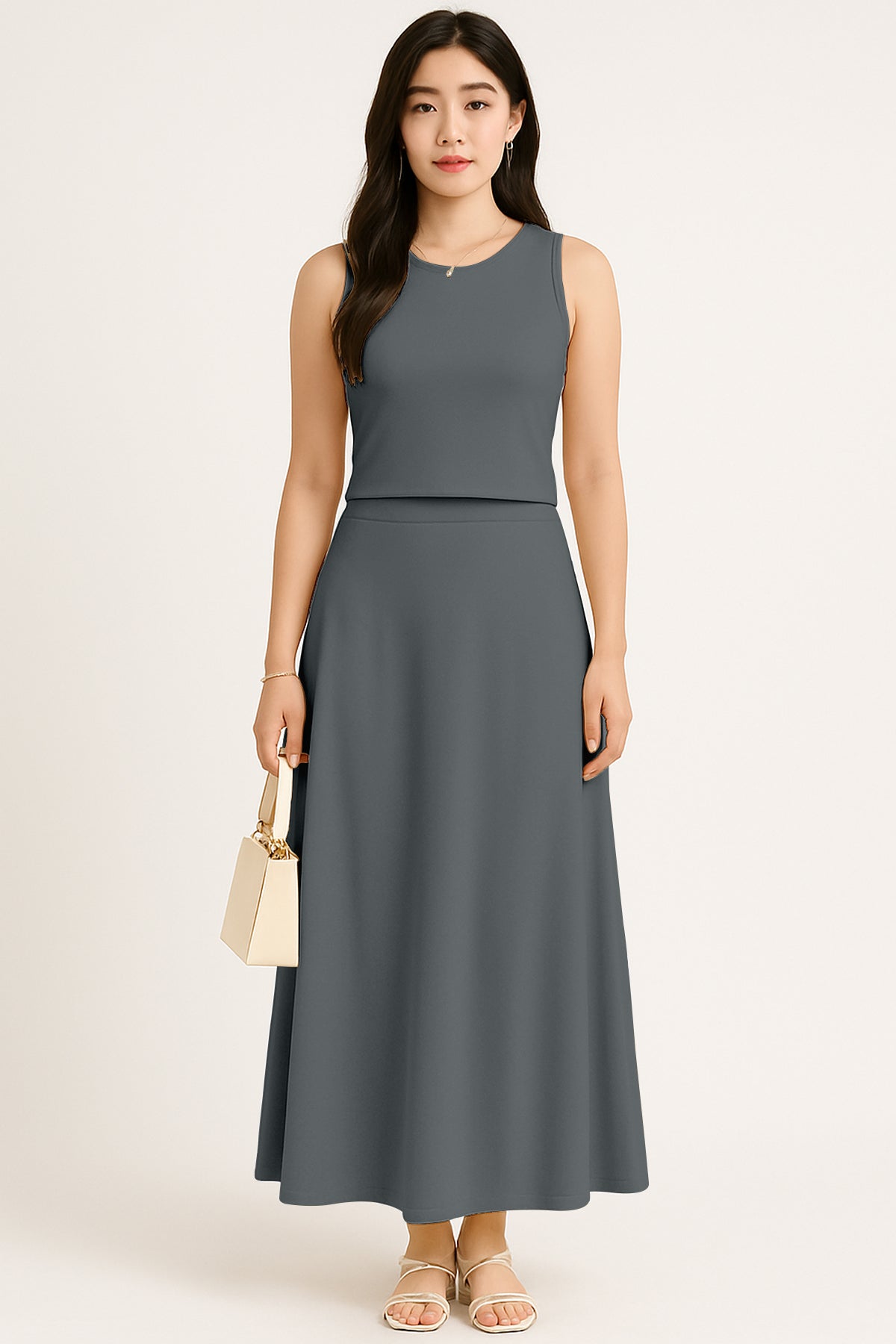 Women's 2 Pcs Sleeveless Crop Top and High Waisted Flared Maxi Skirt