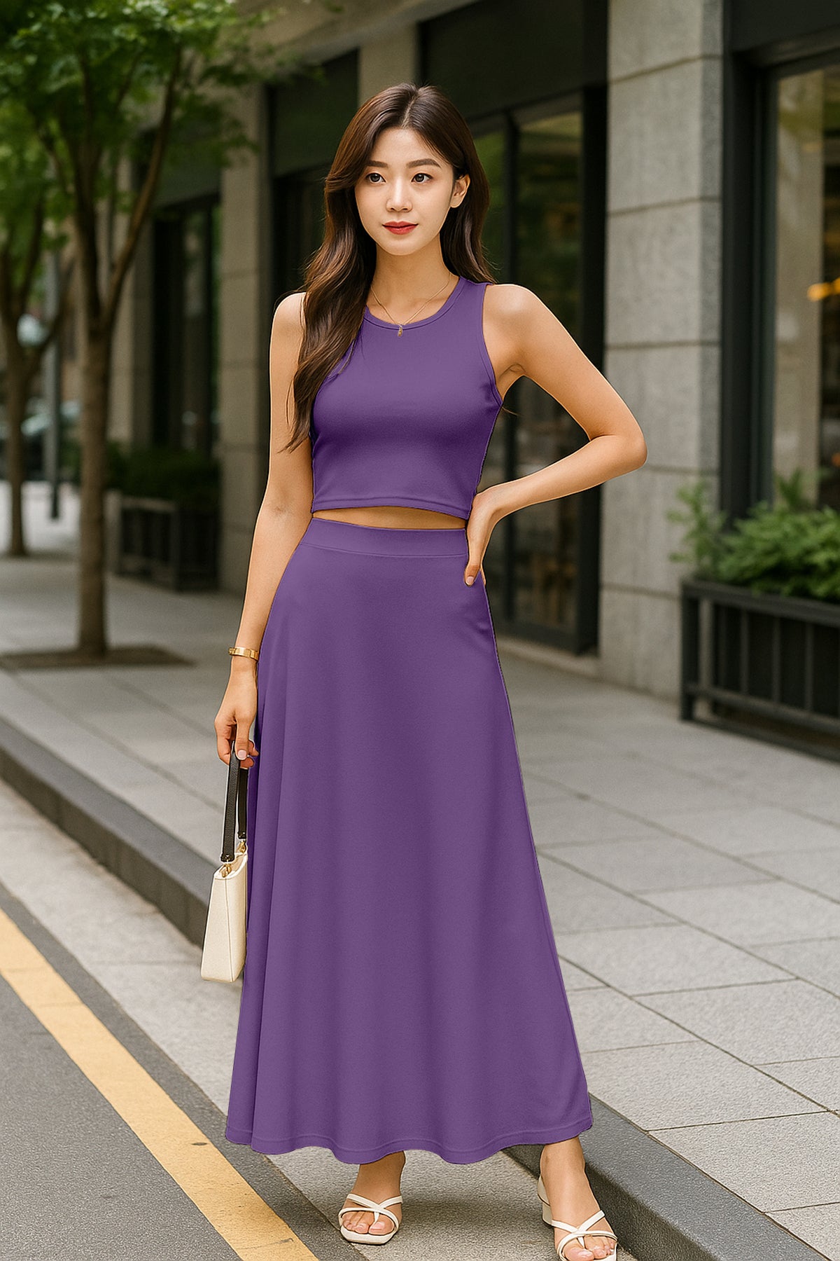 Women's 2 Pcs Sleeveless Crop Top and High Waisted Flared Maxi Skirt