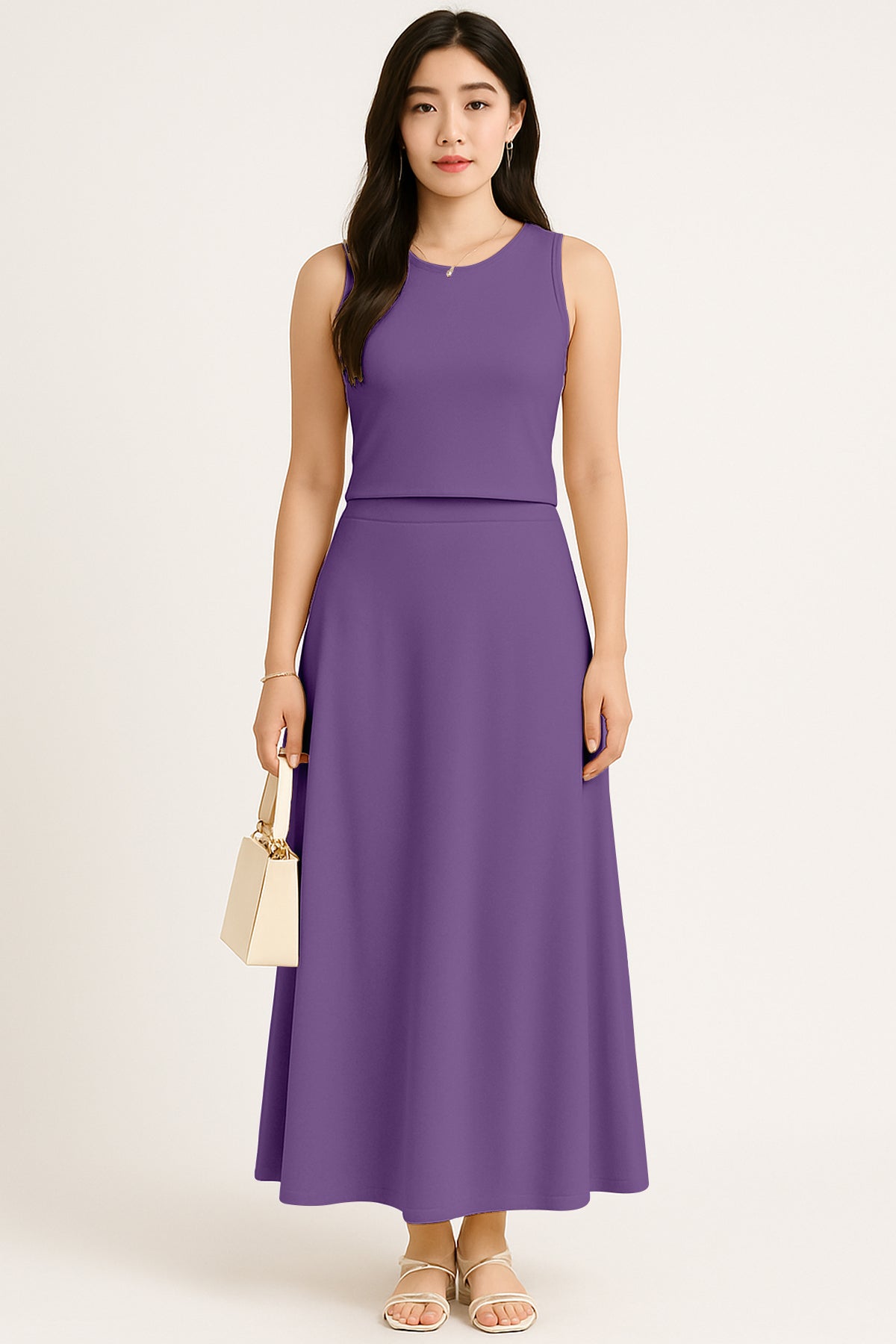 Women's 2 Pcs Sleeveless Crop Top and High Waisted Flared Maxi Skirt