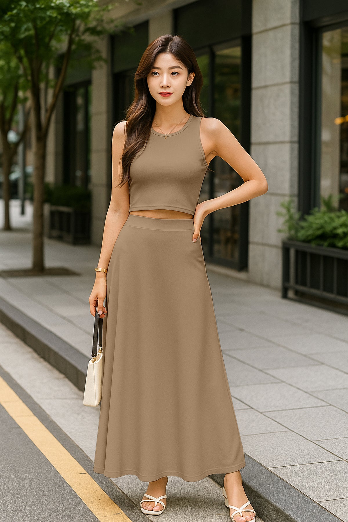 Women's 2 Pcs Sleeveless Crop Top and High Waisted Flared Maxi Skirt