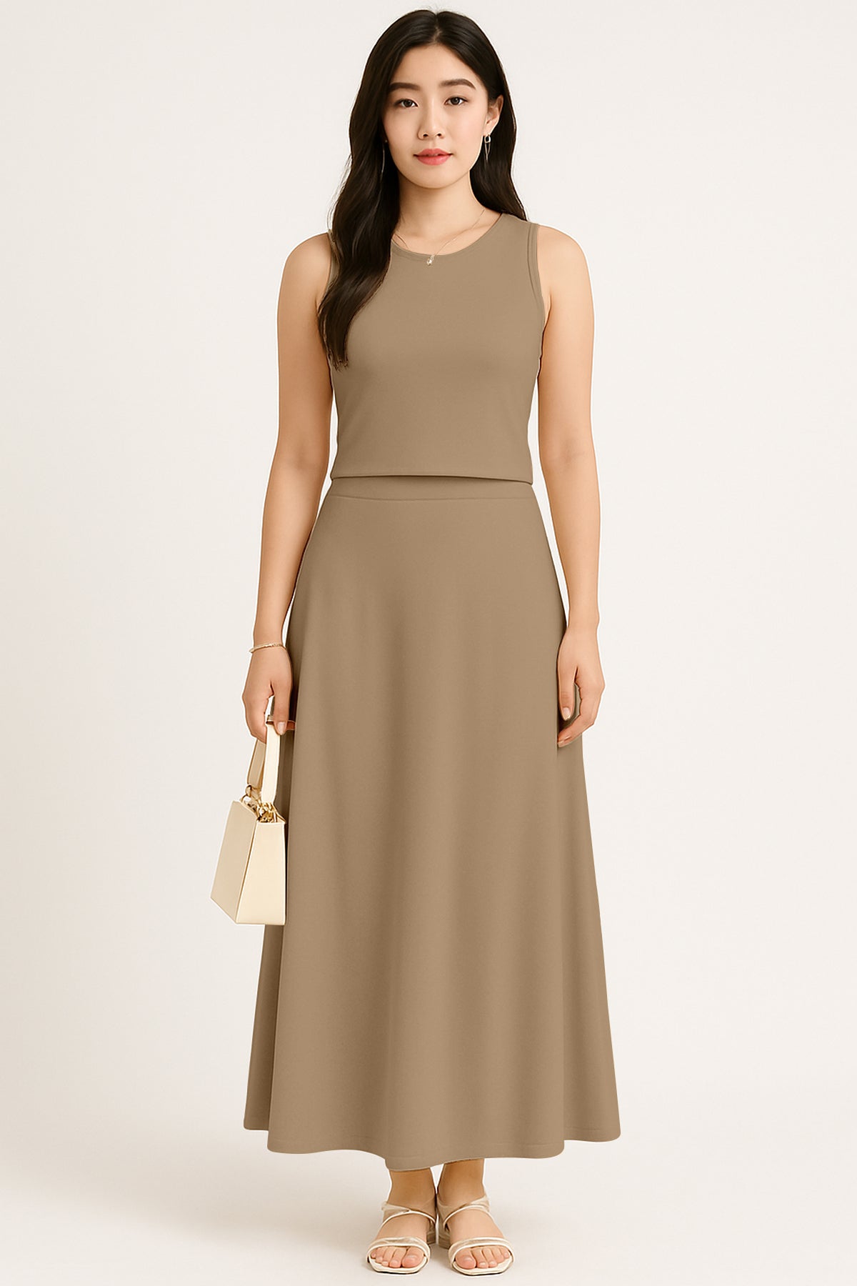 Women's 2 Pcs Sleeveless Crop Top and High Waisted Flared Maxi Skirt