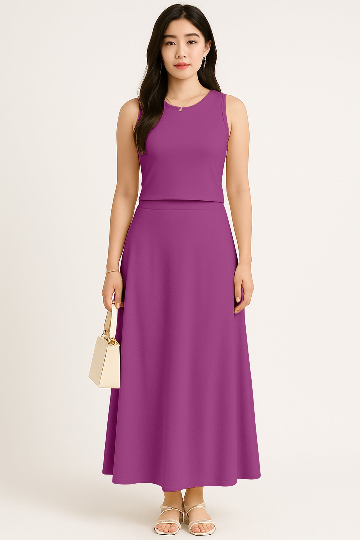 Women's 2 Pcs Sleeveless Crop Top and High Waisted Flared Maxi Skirt