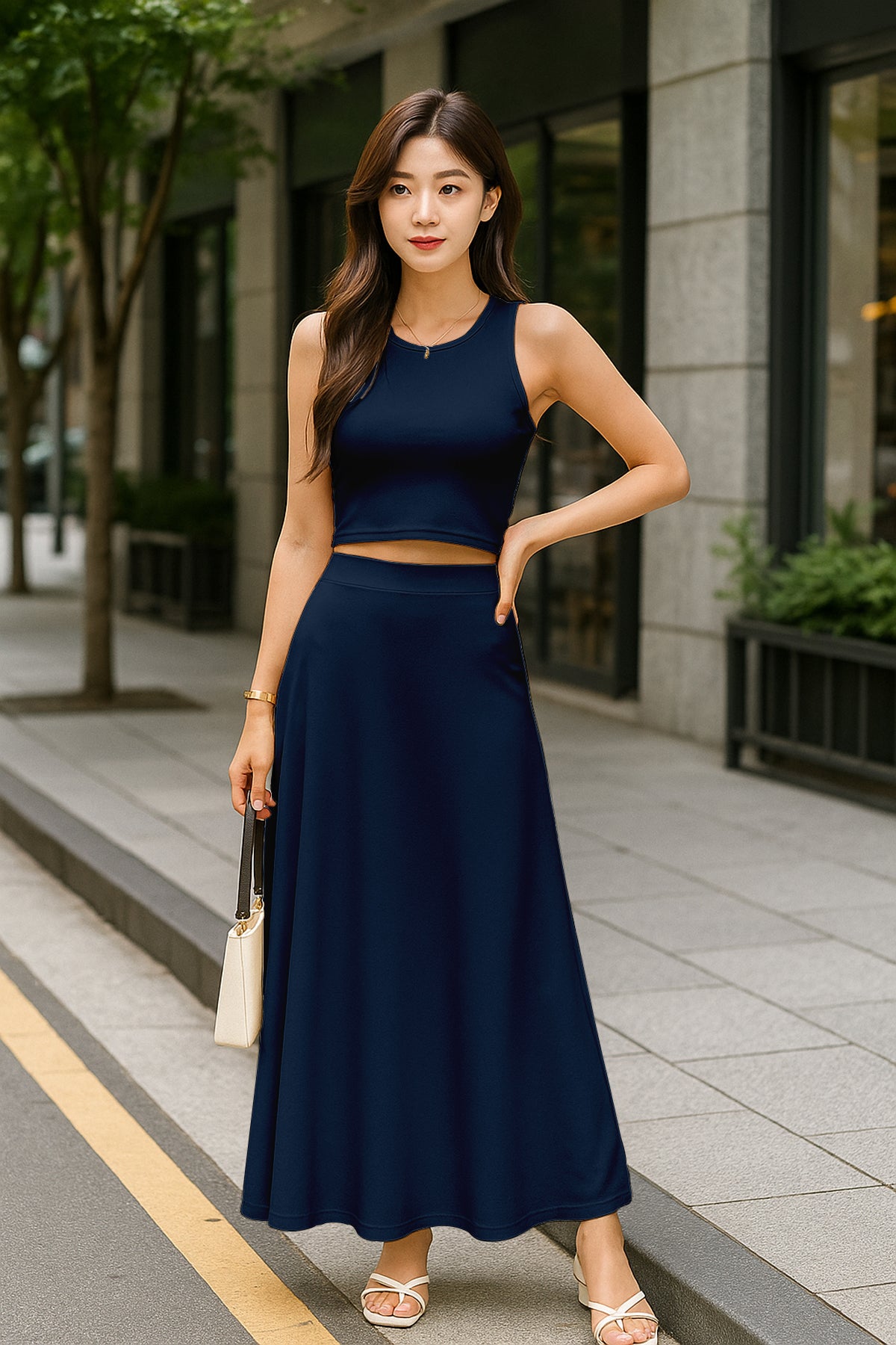 Women's 2 Pcs Sleeveless Crop Top and High Waisted Flared Maxi Skirt