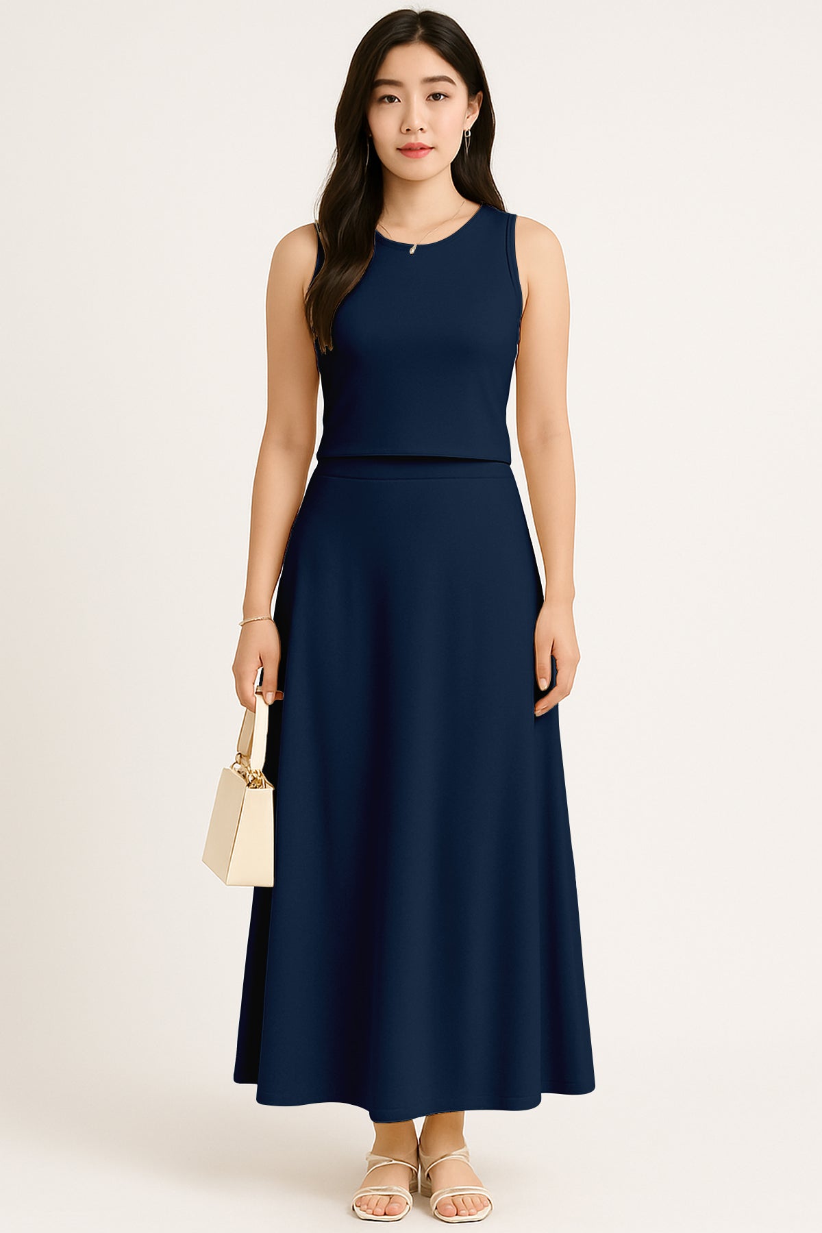 Women's 2 Pcs Sleeveless Crop Top and High Waisted Flared Maxi Skirt