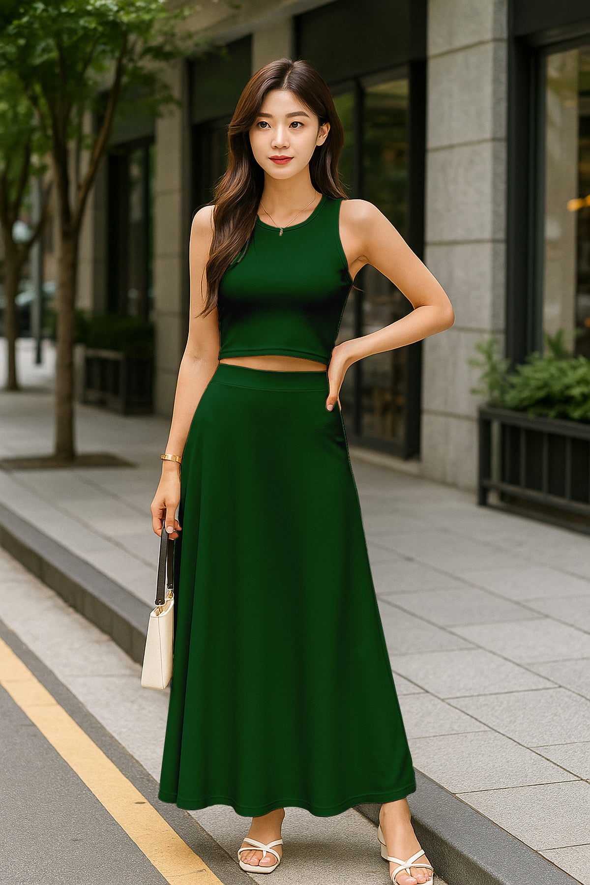 Women's 2 Pcs Sleeveless Crop Top and High Waisted Flared Maxi Skirt