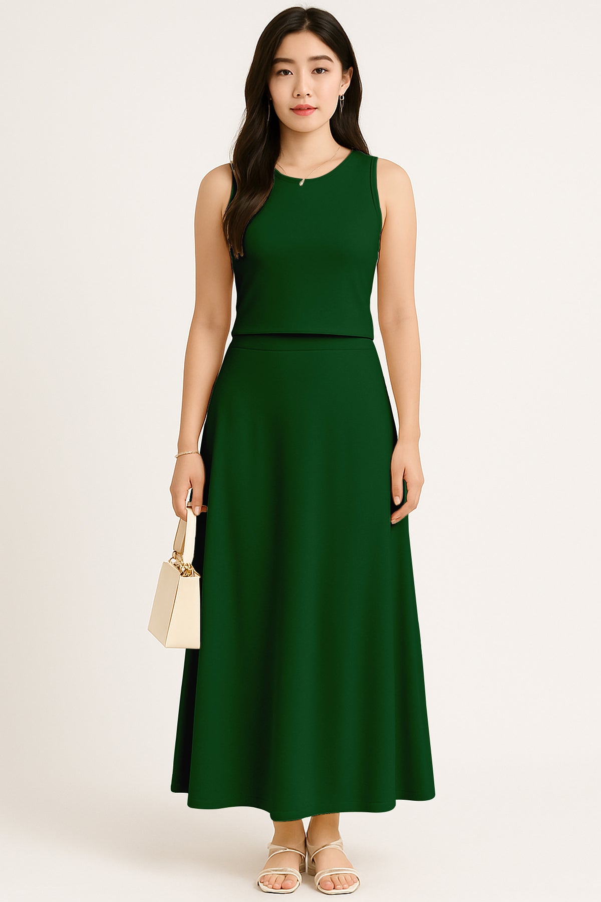 Women's 2 Pcs Sleeveless Crop Top and High Waisted Flared Maxi Skirt