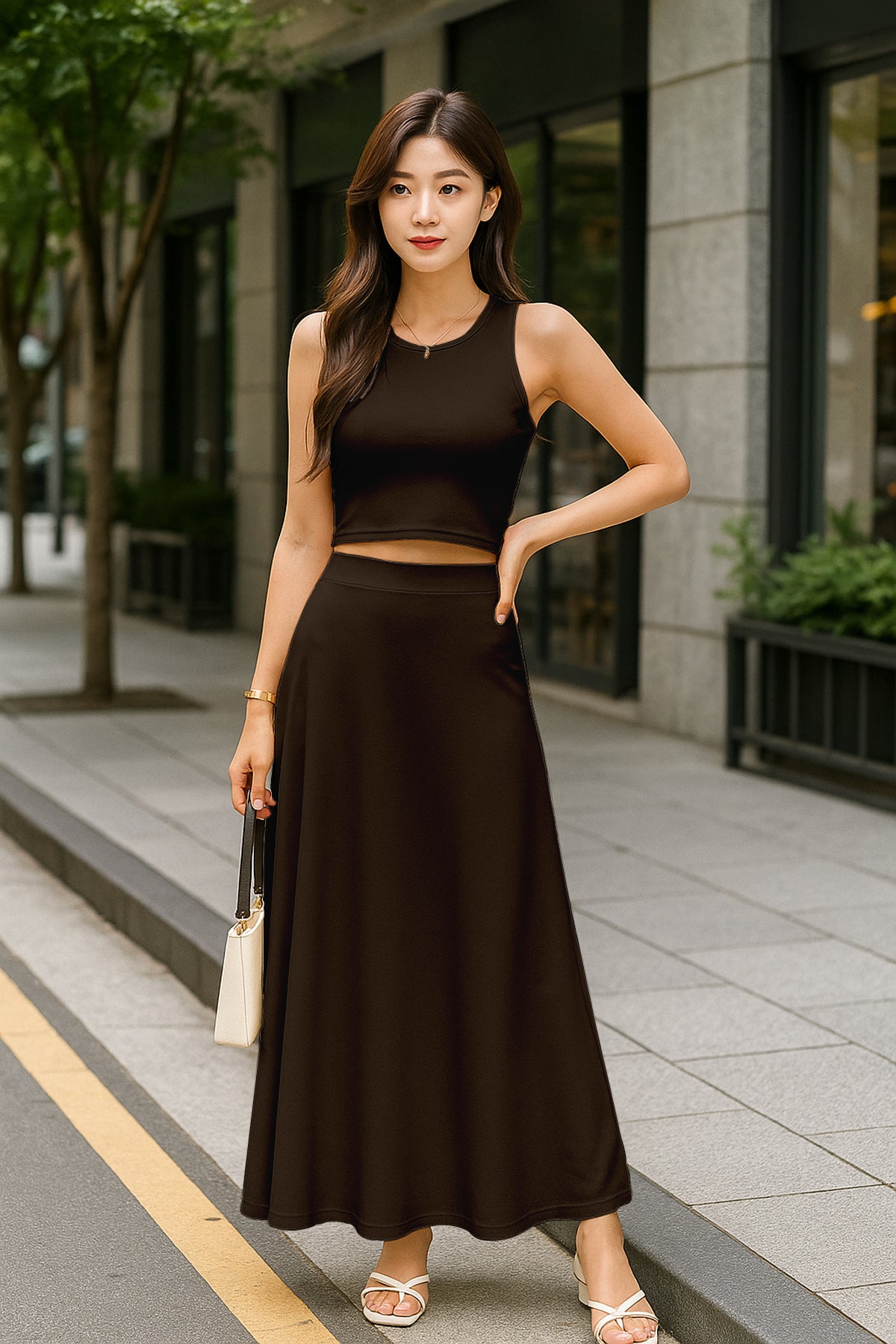 Women's 2 Pcs Sleeveless Crop Top and High Waisted Flared Maxi Skirt