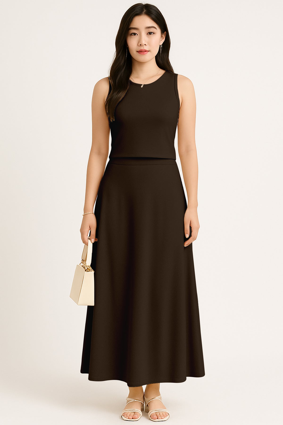 Women's 2 Pcs Sleeveless Crop Top and High Waisted Flared Maxi Skirt