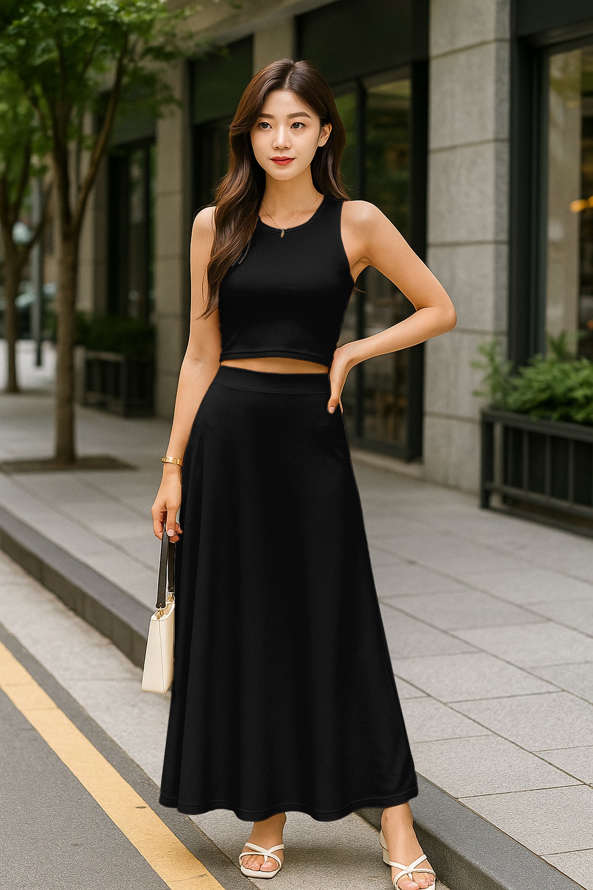 Women's 2 Pcs Sleeveless Crop Top and High Waisted Flared Maxi Skirt