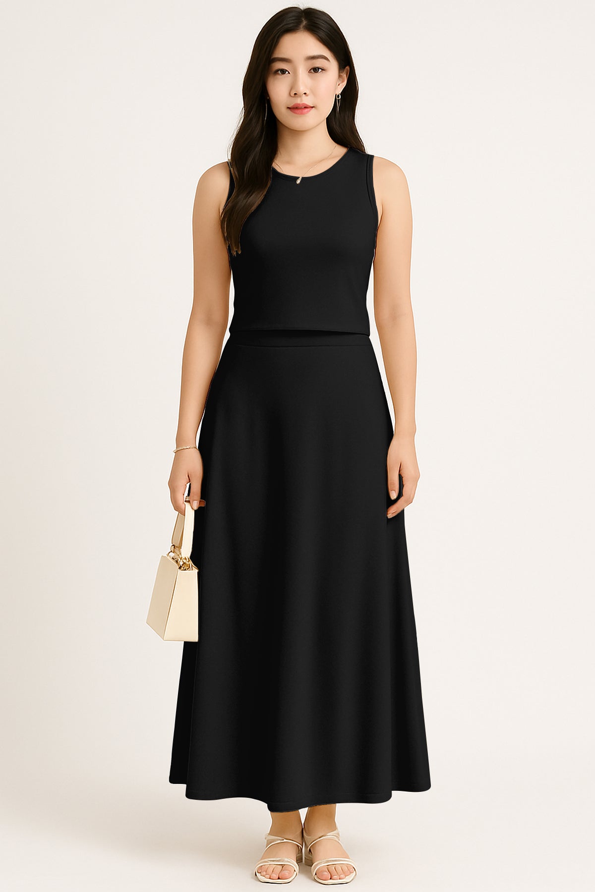 Women's 2 Pcs Sleeveless Crop Top and High Waisted Flared Maxi Skirt