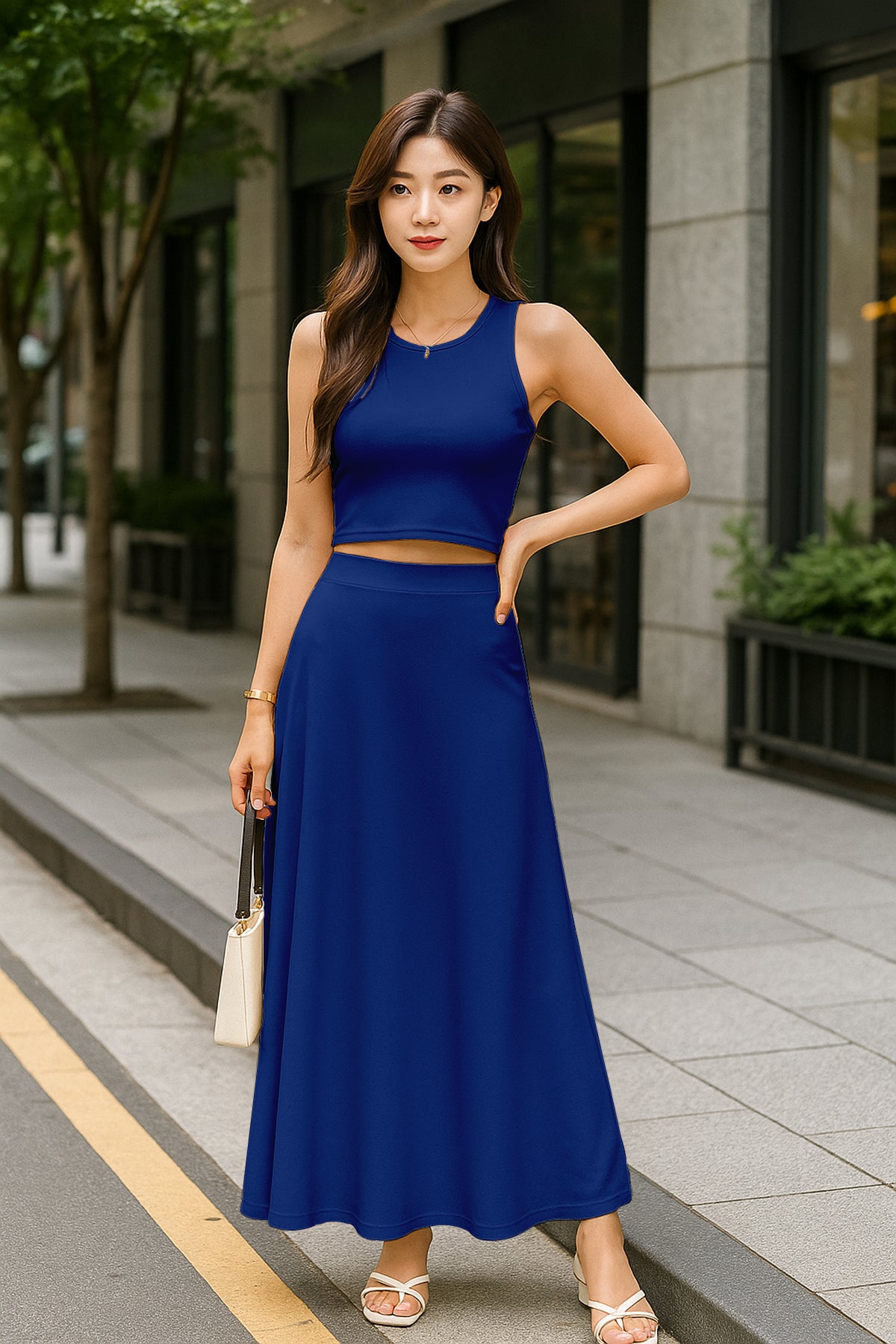 Women's 2 Pcs Sleeveless Crop Top and High Waisted Flared Maxi Skirt