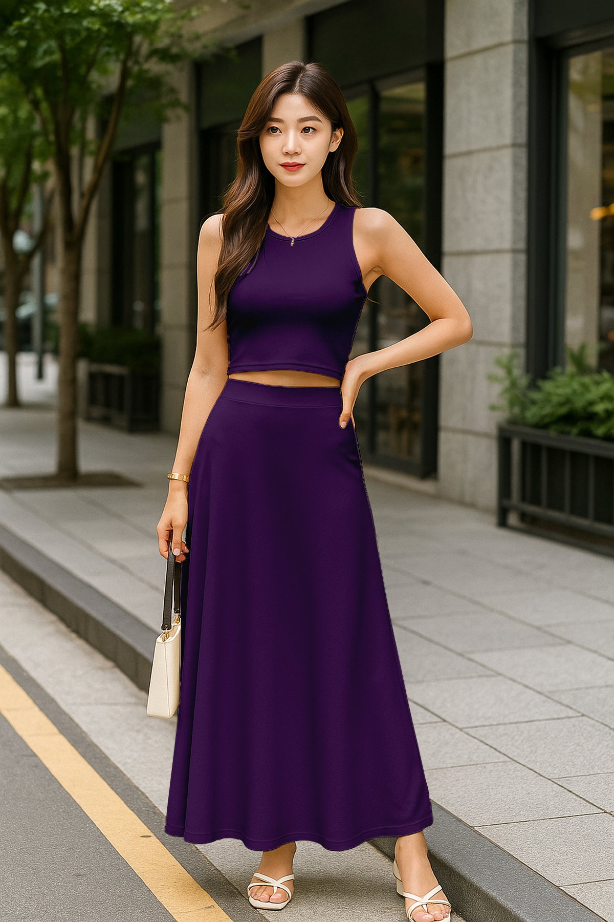 Women's 2 Pcs Sleeveless Crop Top and High Waisted Flared Maxi Skirt