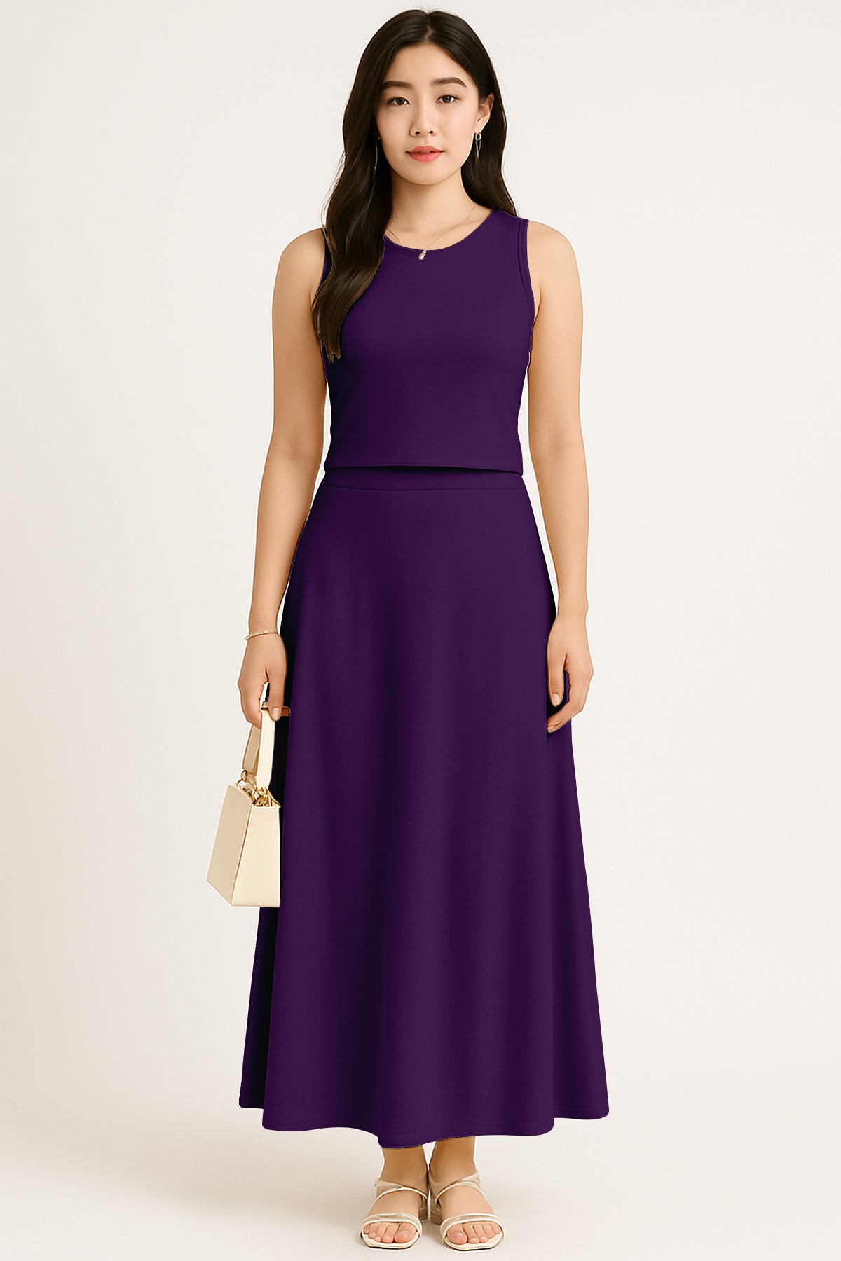 Women's 2 Pcs Sleeveless Crop Top and High Waisted Flared Maxi Skirt