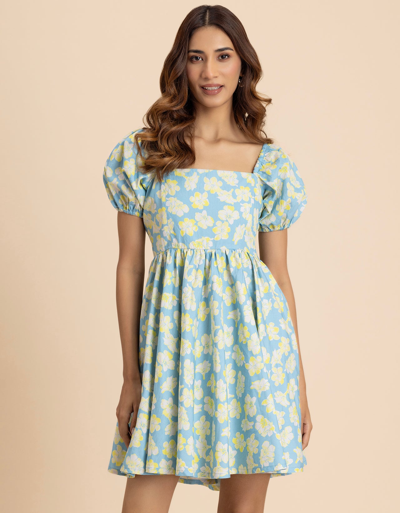 Printed Flared Short Cotton Dress For Women