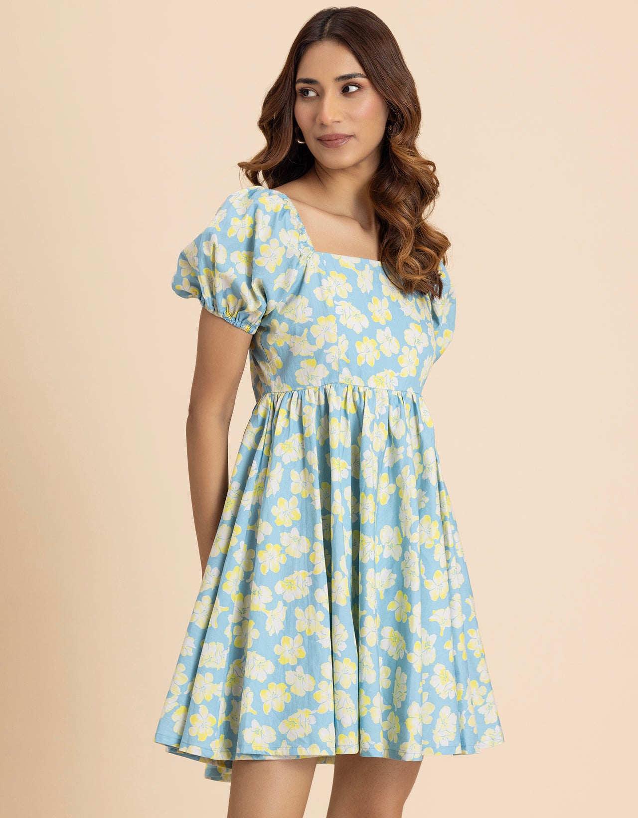 Printed Flared Short Cotton Dress For Women