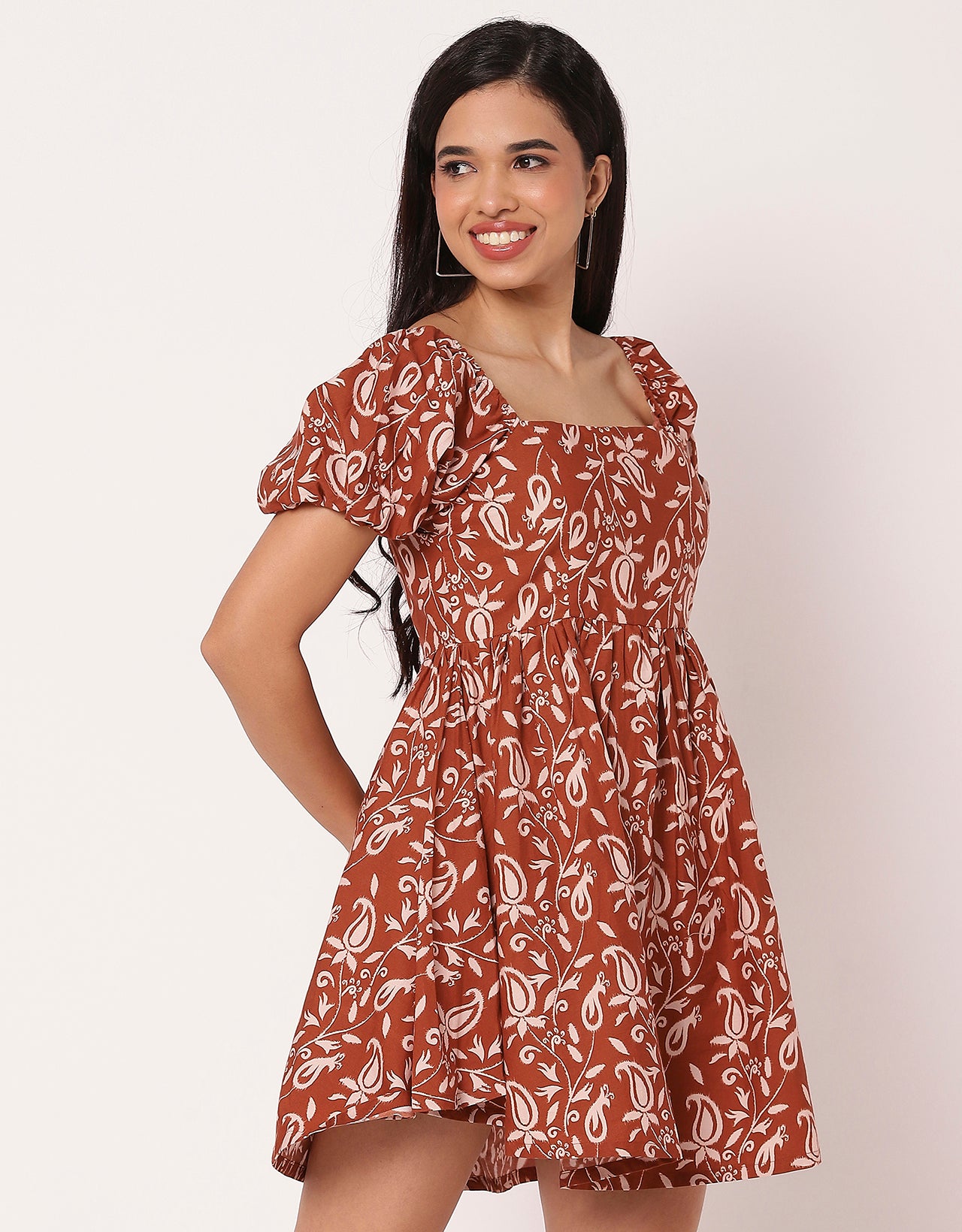 Long Sleeve V Neck Wrap Printed Dress