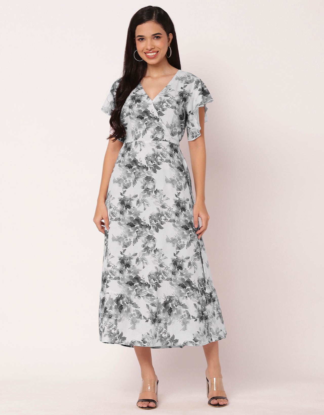 Printed V-Neck Ruffled Midi Dress