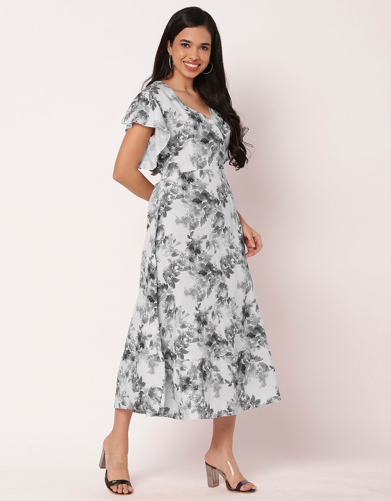 Printed V-Neck Ruffled Midi Dress