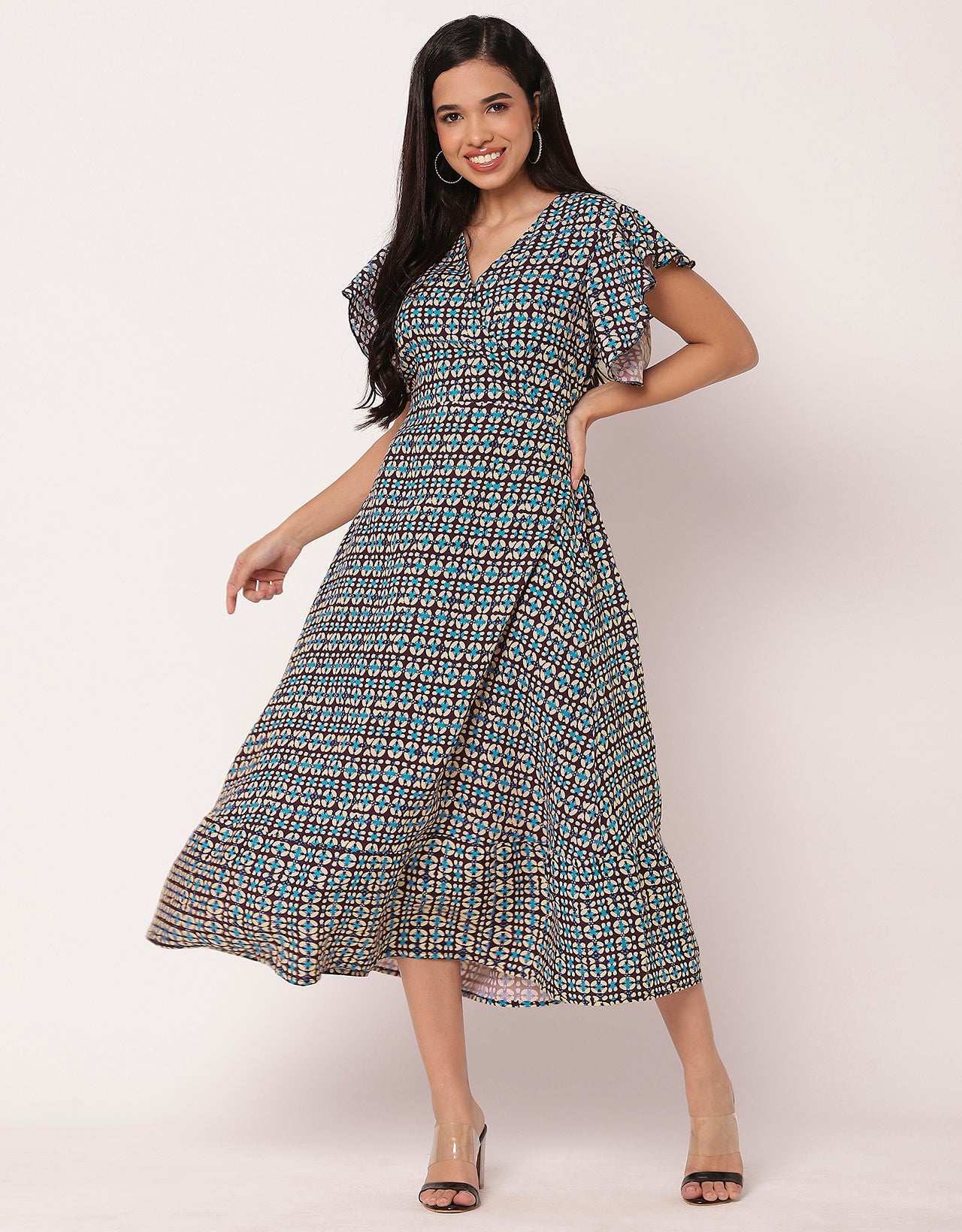 Printed V-Neck Ruffled Midi Dress