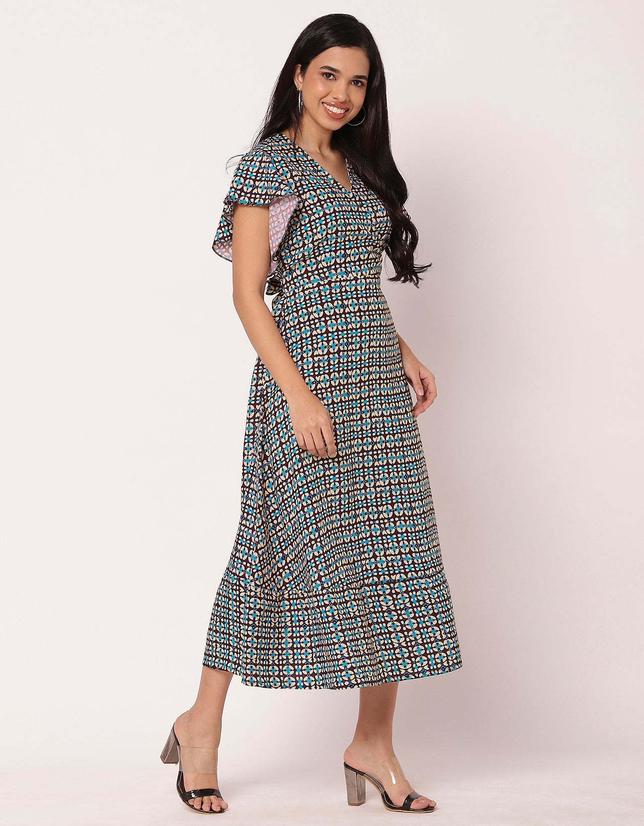 Printed V-Neck Ruffled Midi Dress