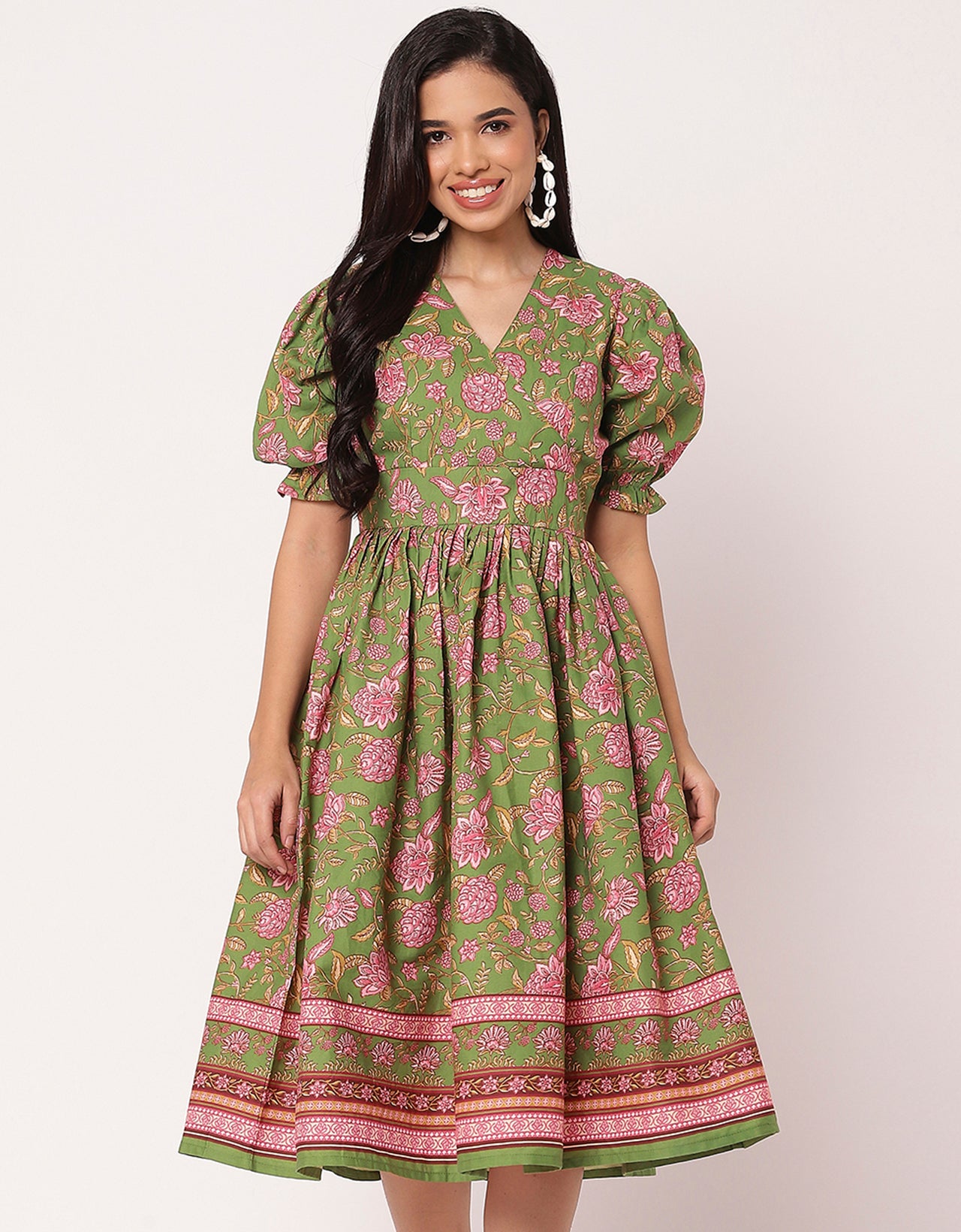 V-Neck Puffed Sleeves Maxi Dress For Women