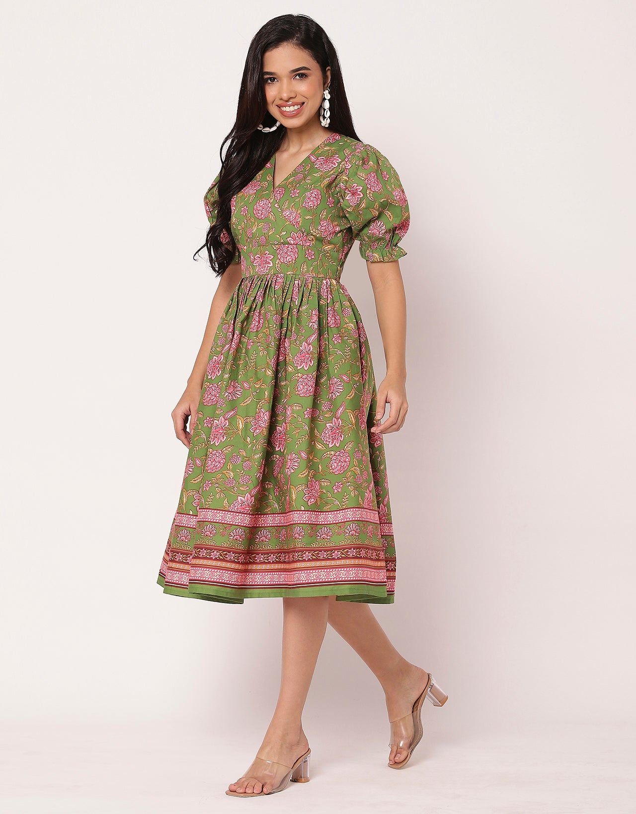 V-Neck Puffed Sleeves Maxi Dress For Women