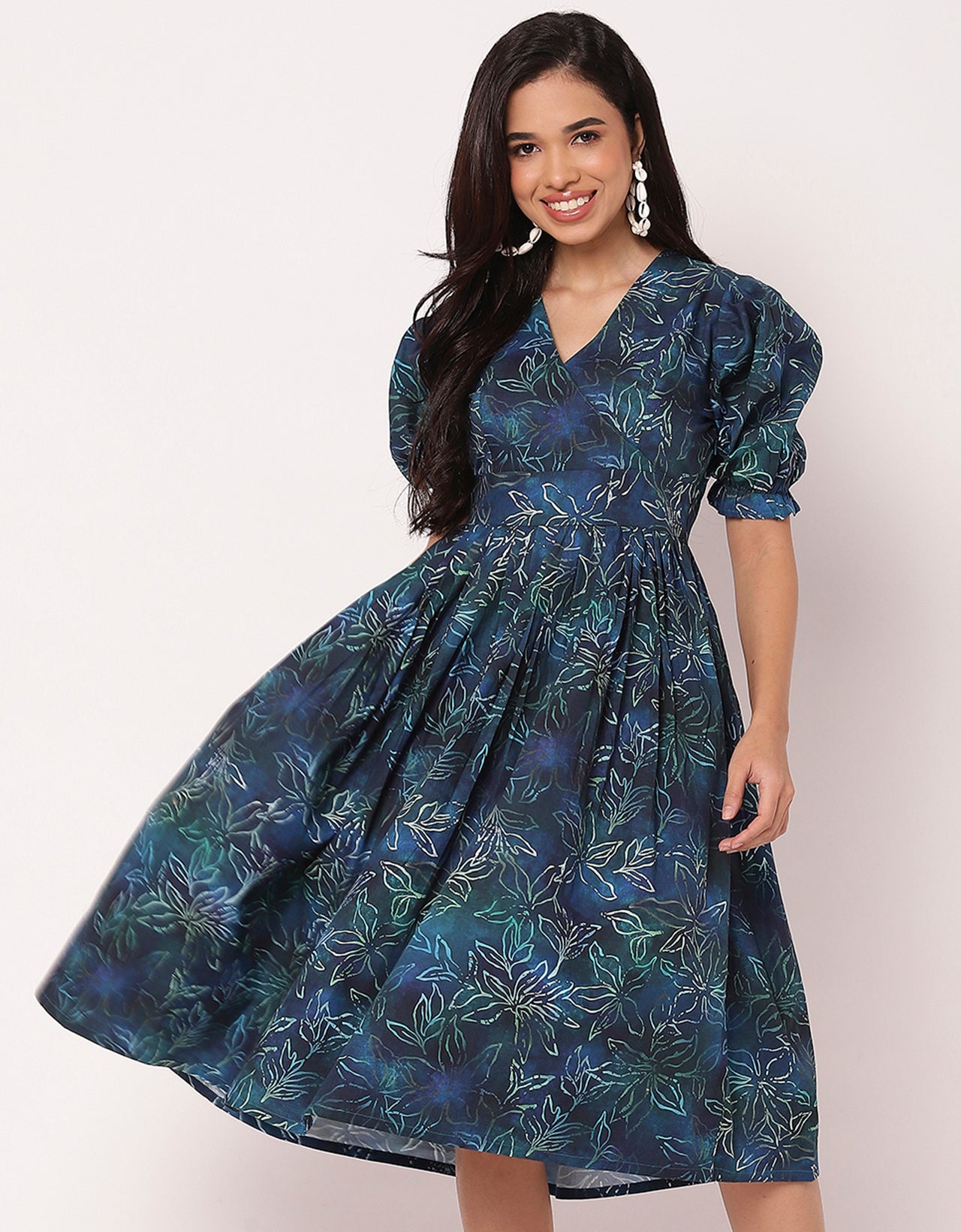 V-Neck Puffed Sleeves Maxi Dress For Women