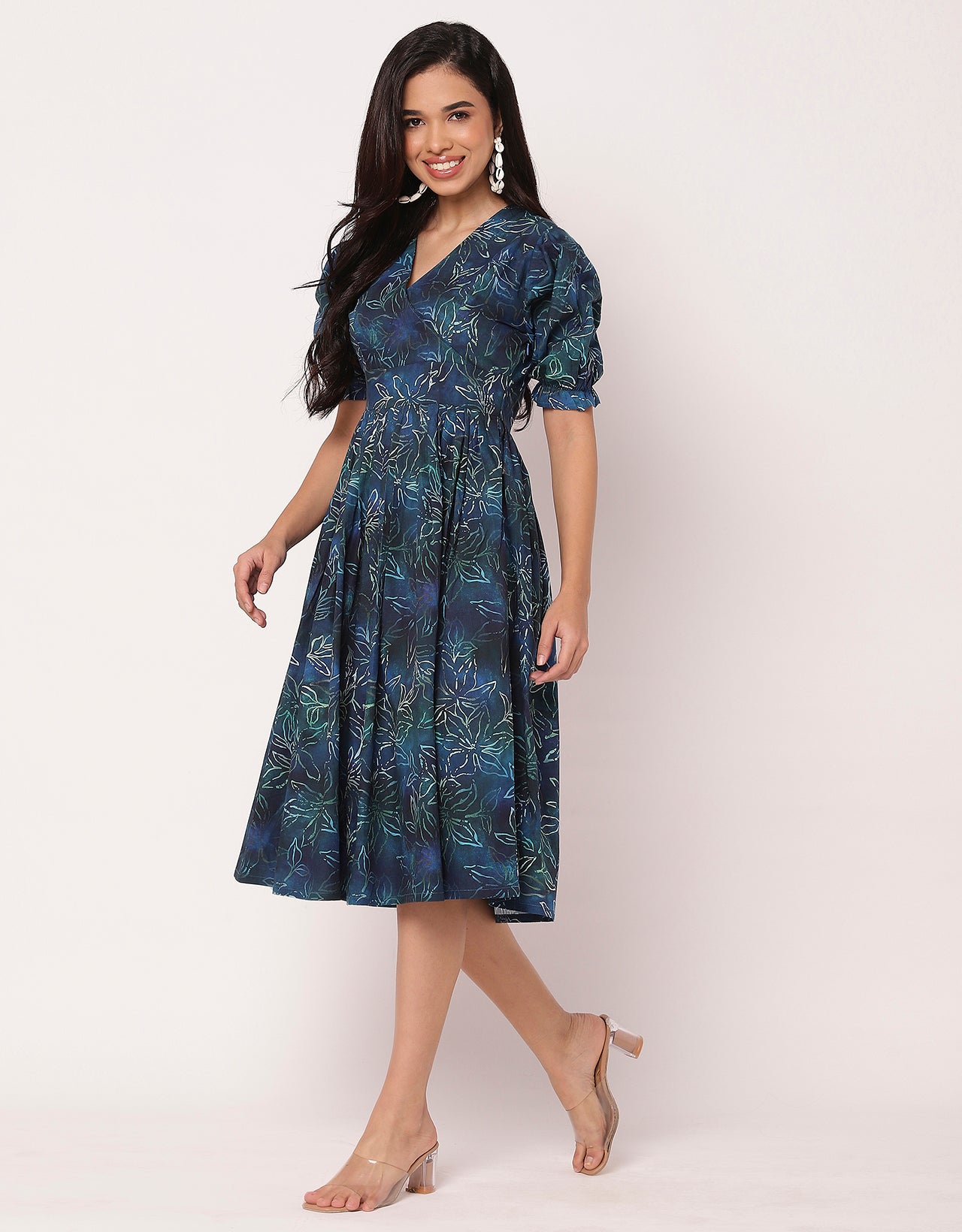 V-Neck Puffed Sleeves Maxi Dress For Women