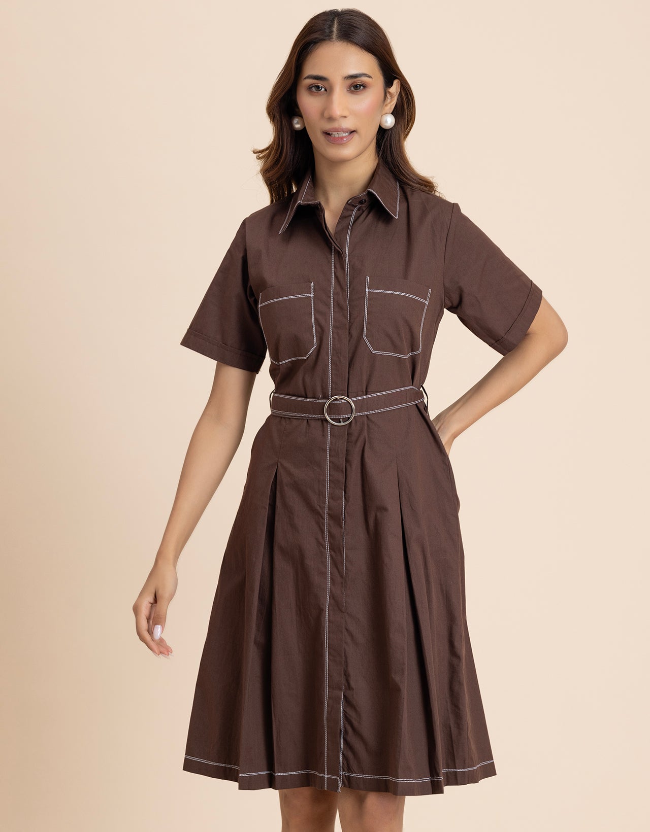 Women's Short Sleeve Classic Collar Formal Cotton Dress