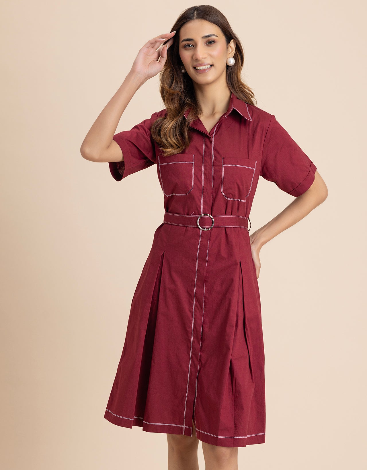 Women's Short Sleeve Classic Collar Formal Cotton Dress