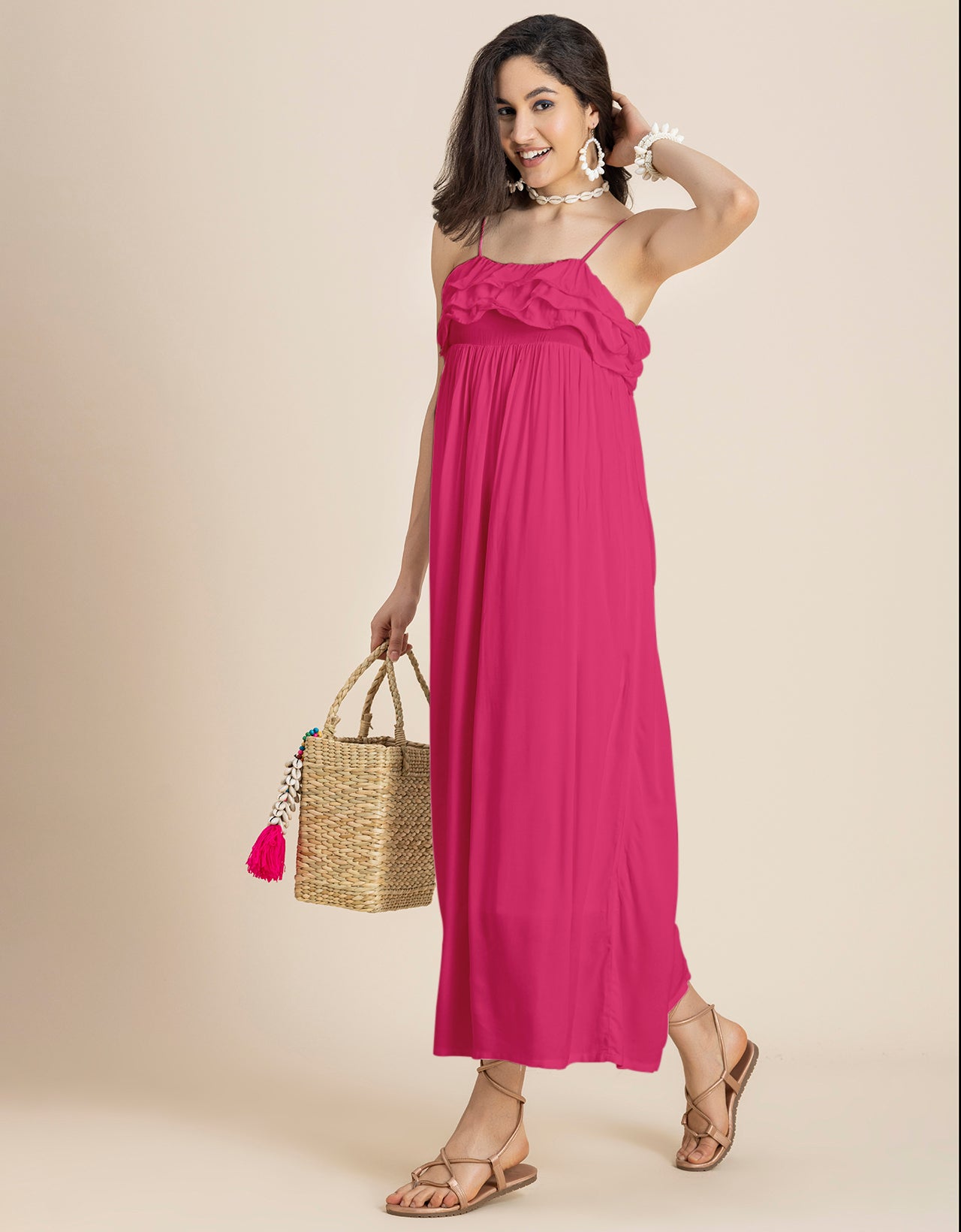 Women Solid Maxi Chic Frill Summer Dress