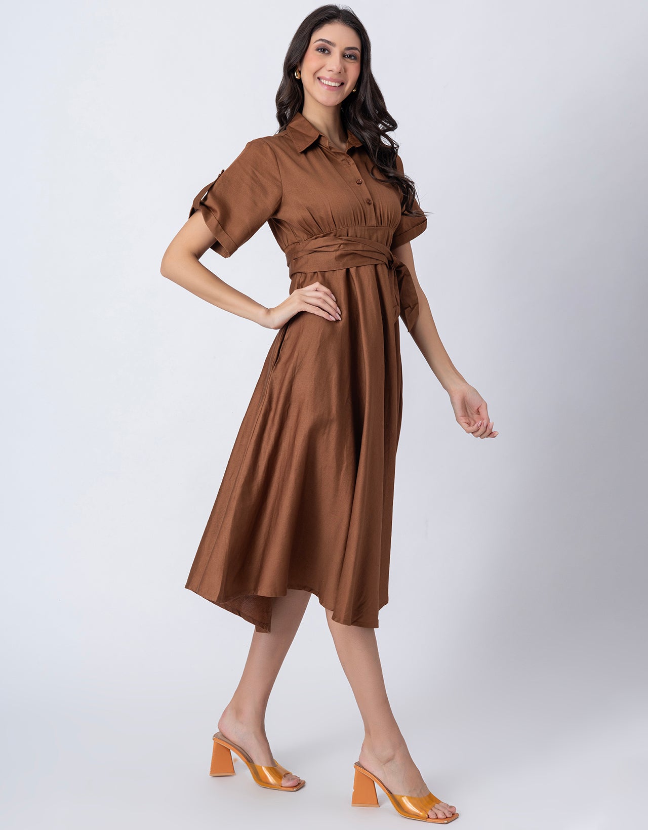 Exclusive Boho Style Solid Midi Women's Dress with Side Slit