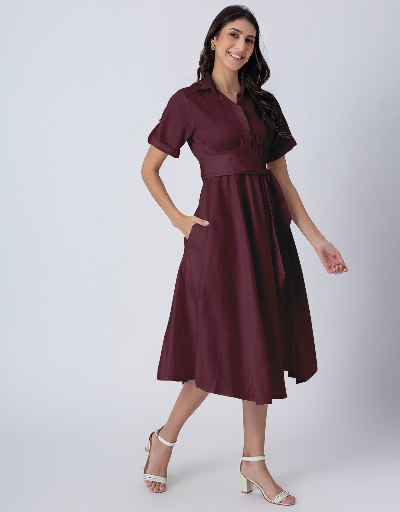 Exclusive Boho Style Solid Midi Women's Dress with Side Slit