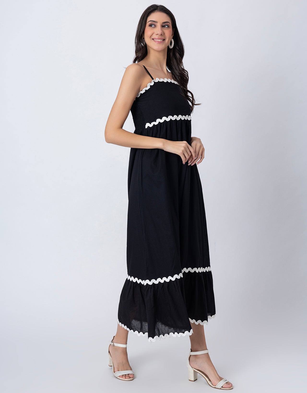 Women's Solid Full-Length Cotton Dress with Zigzag Lace