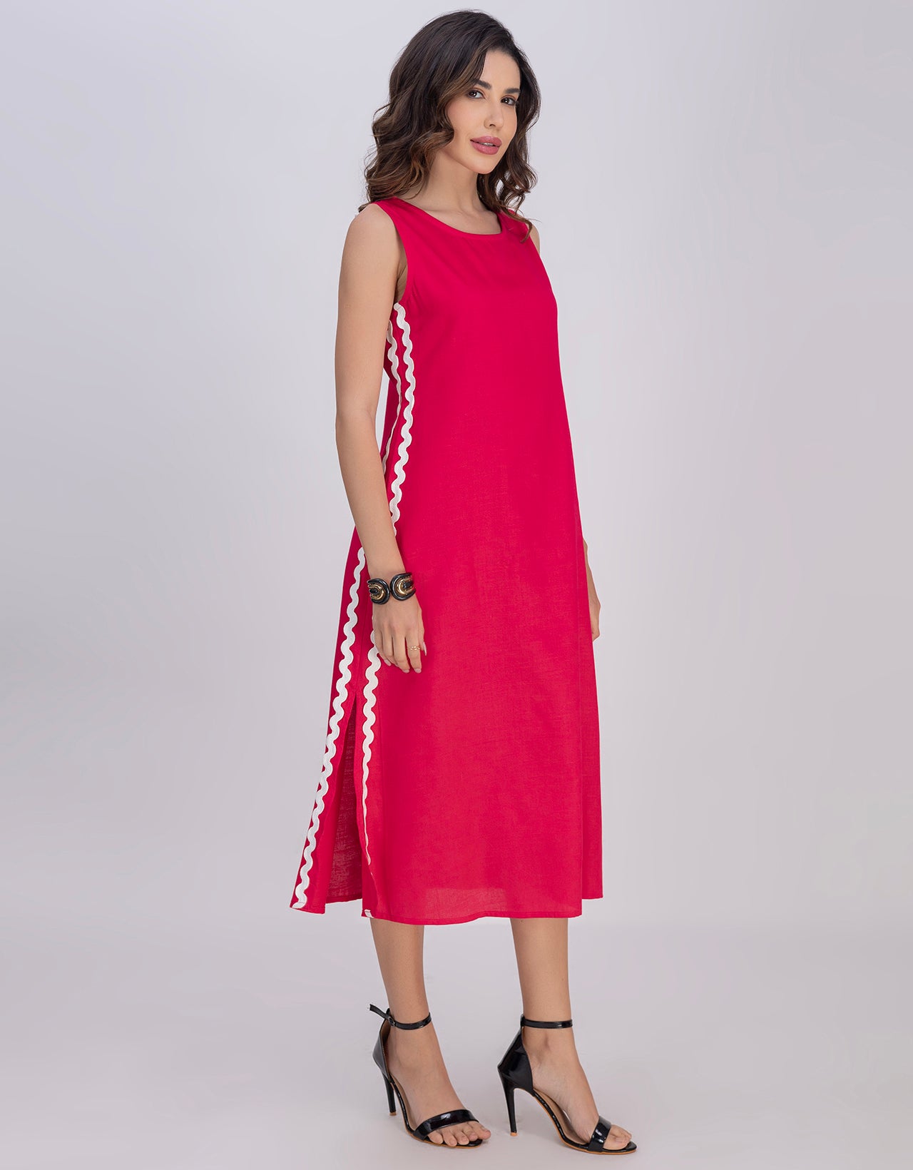 Moomaya Women's Printed Sleeveless A-Line Maxi Dress With Lace