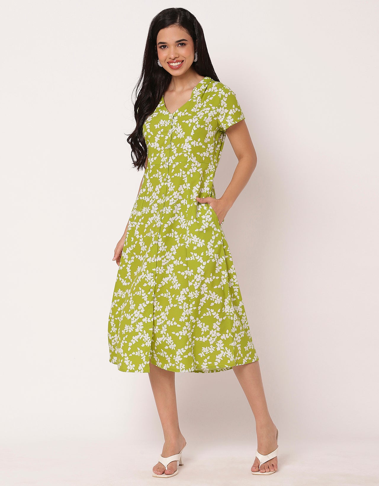 Women's Printed Button Down Dress V Neck Dress