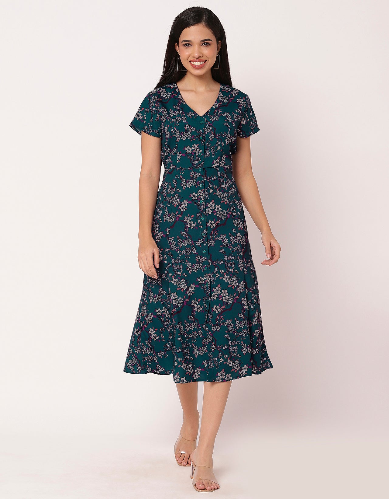 Women's Printed Button Down Dress V Neck Dress