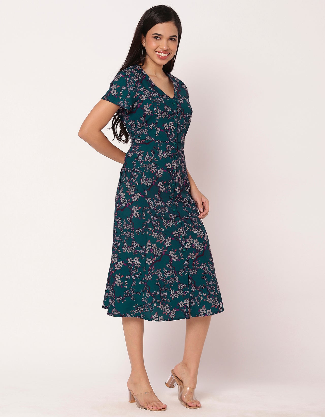 Women's Printed Button Down Dress V Neck Dress