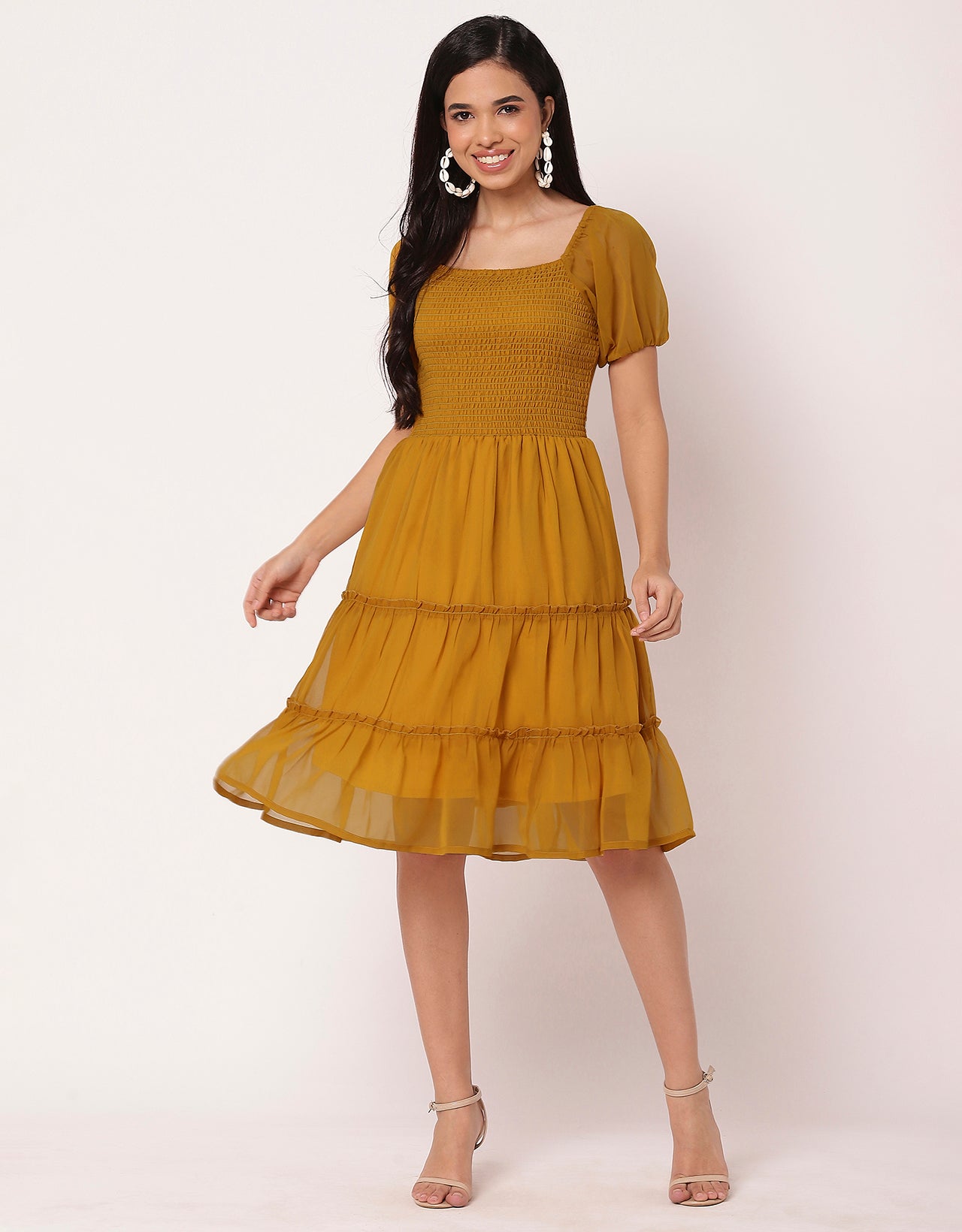 Square Neck Tiered Knee Length Flared Summer Dress