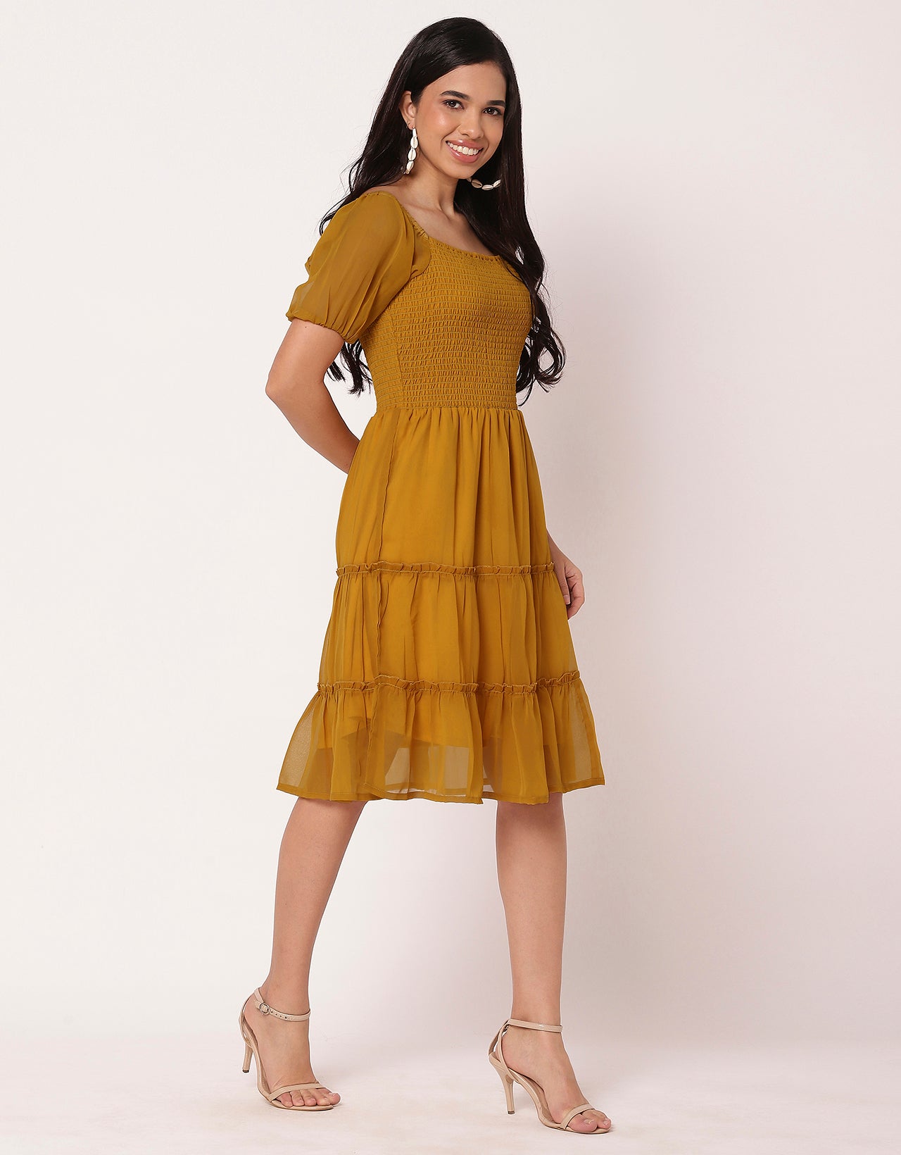Square Neck Tiered Knee Length Flared Summer Dress