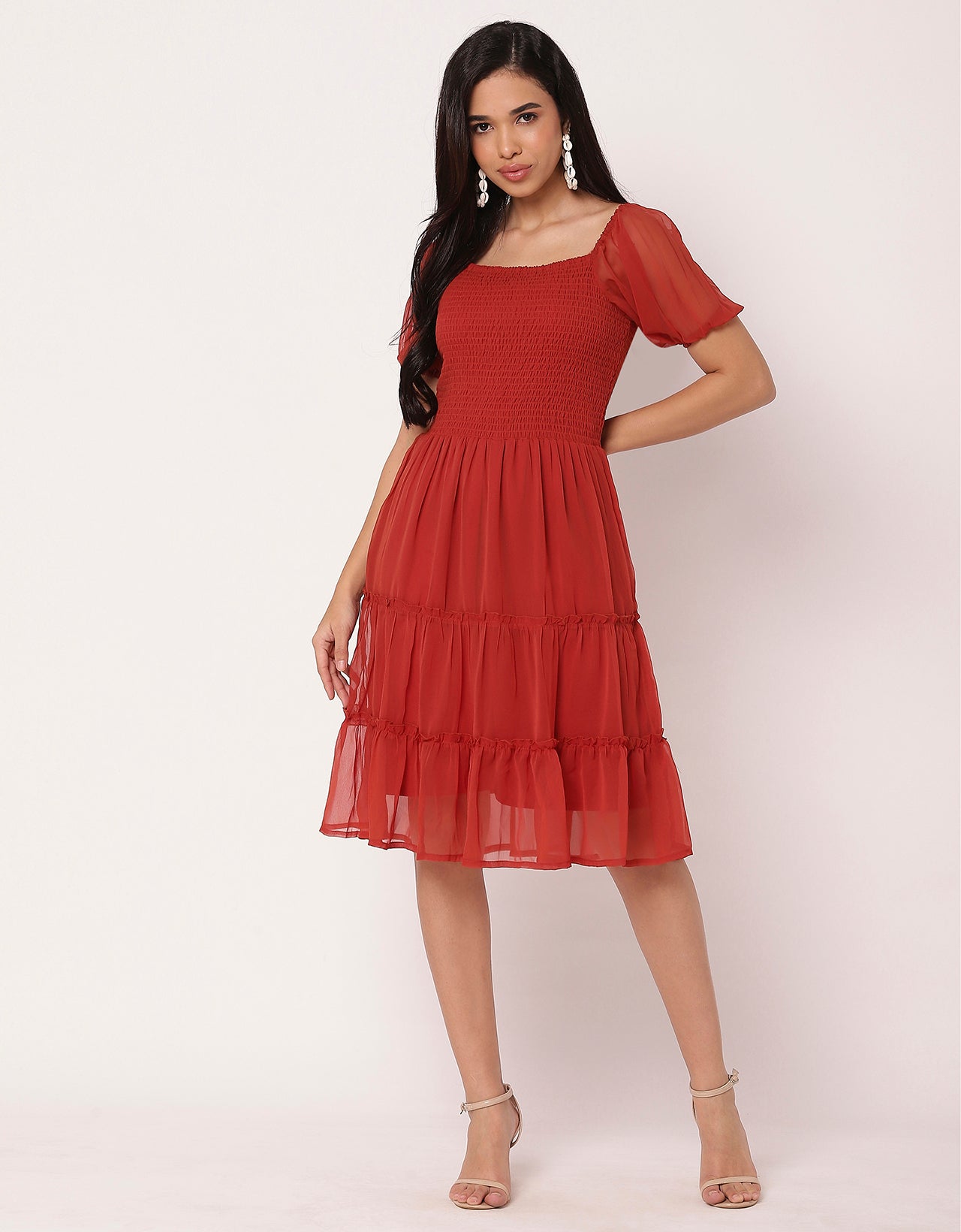 Square Neck Tiered Knee Length Flared Summer Dress Moomaya