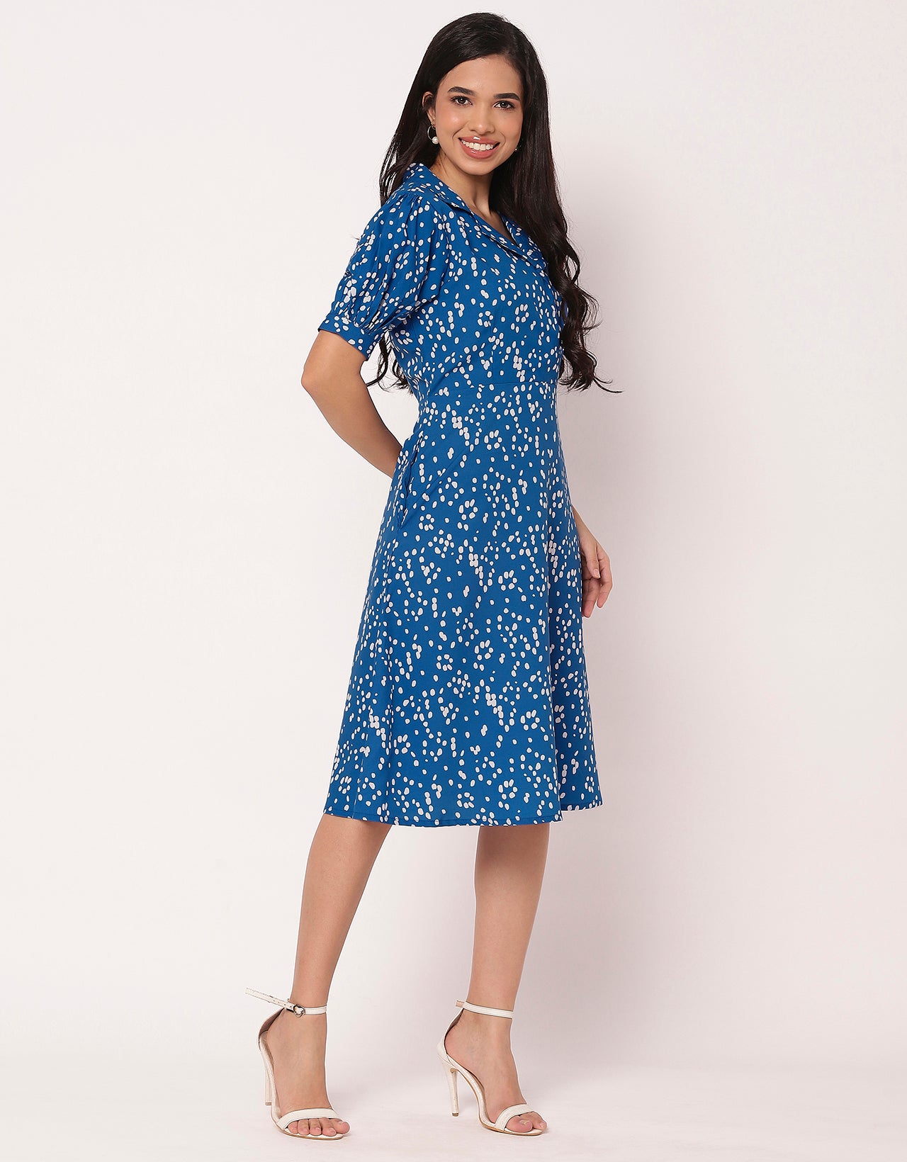 Women's Printed Lapel Collar Puff Sleeves Dress