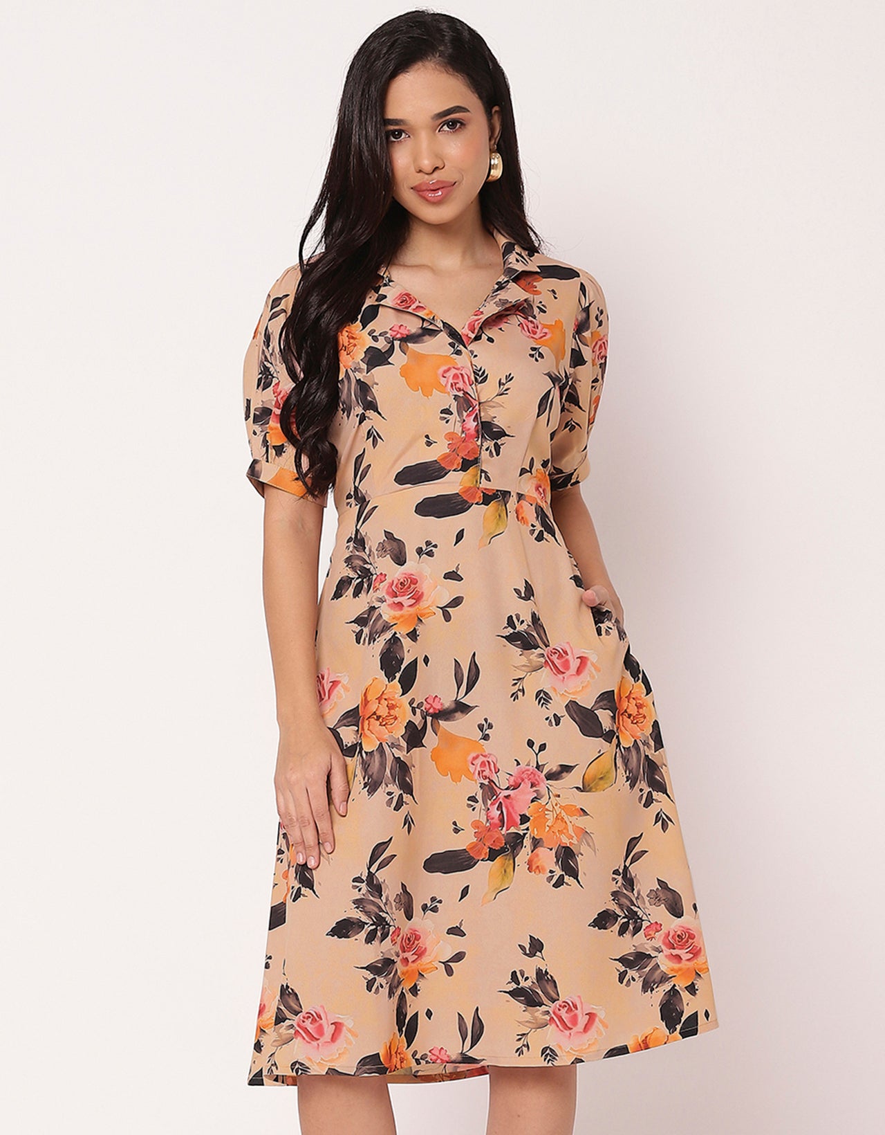 Women's Printed Lapel Collar Puff Sleeves Dress