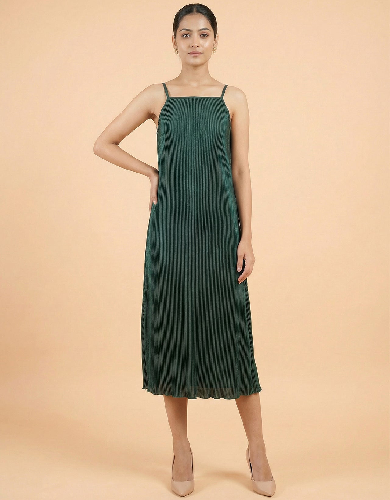 Women's Satin Plisse Midi Dress - Pleated Spaghetti Strap Slip Dress