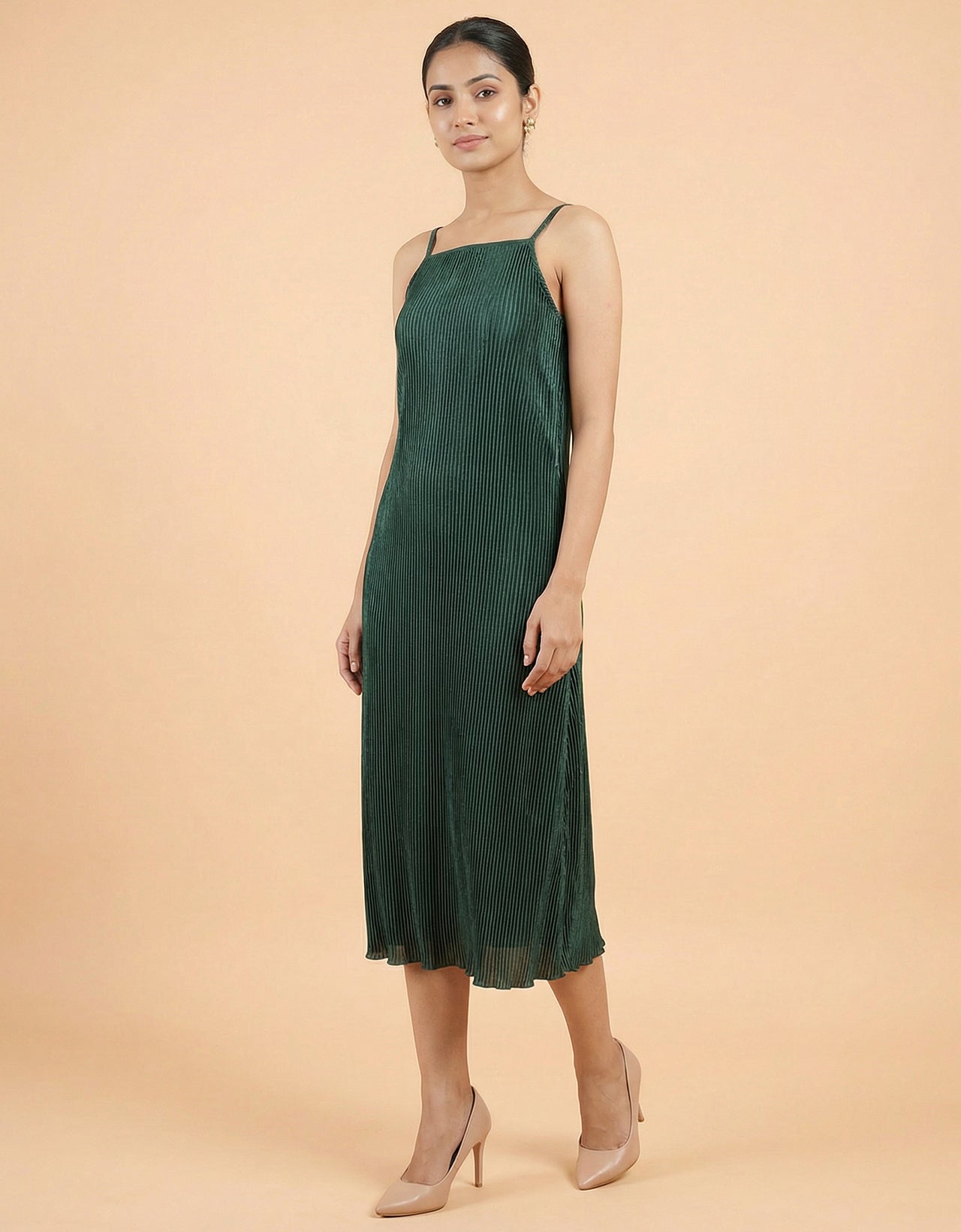 Women's Satin Plisse Midi Dress - Pleated Spaghetti Strap Slip Dress