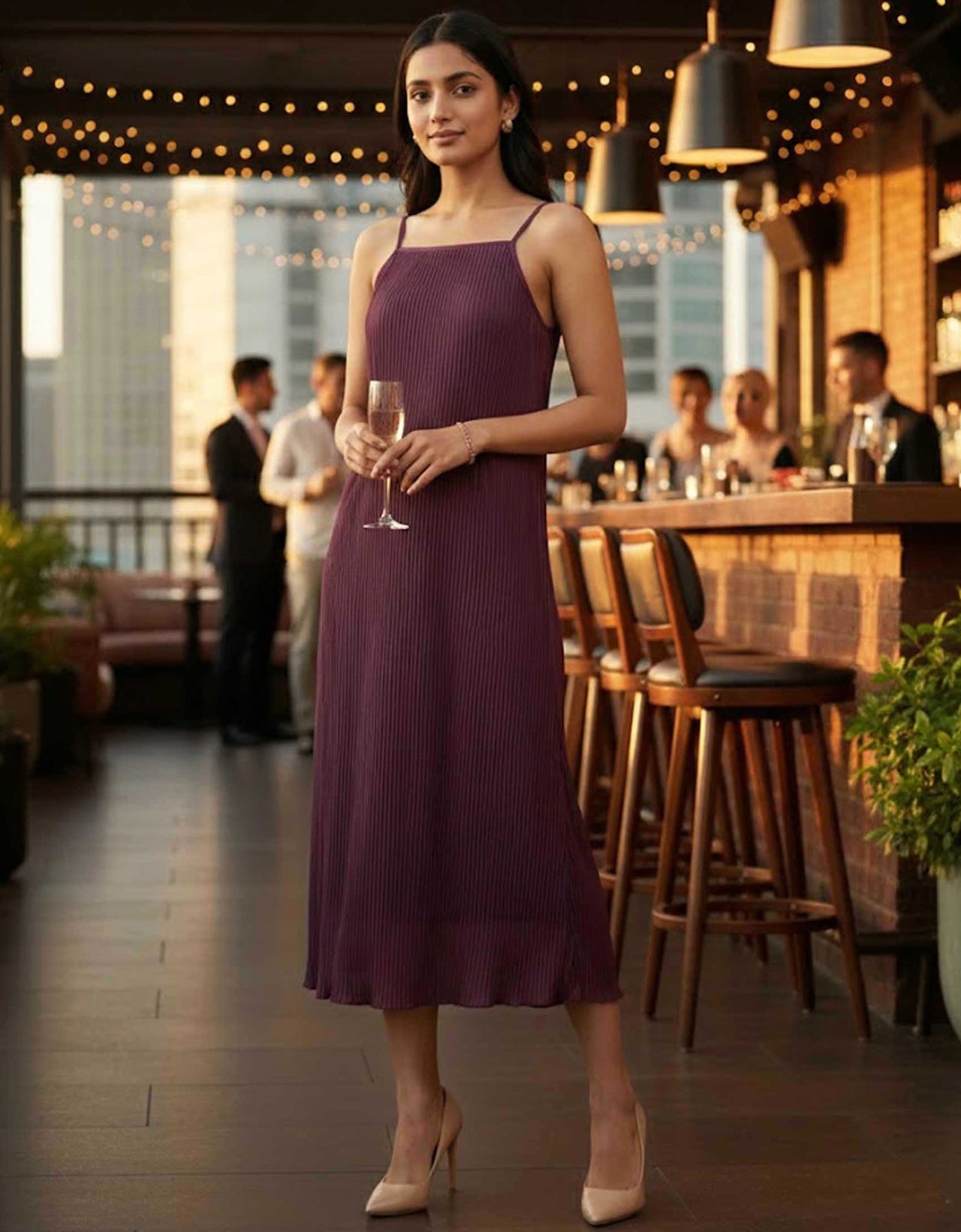 Women's Satin Plisse Midi Dress - Pleated Spaghetti Strap Slip Dress